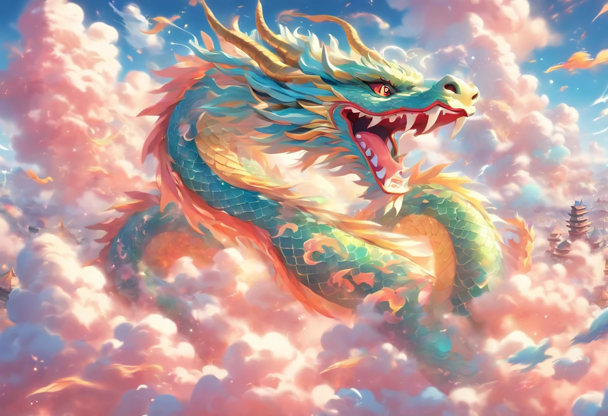 A dragon rises from the sea of clouds、Carrying great happiness、Huge gold and red body、Attention to detail、High resolution、High color rendering、High resolution、Surreal、Realistic、Rainbow colors、Pastel colored scales