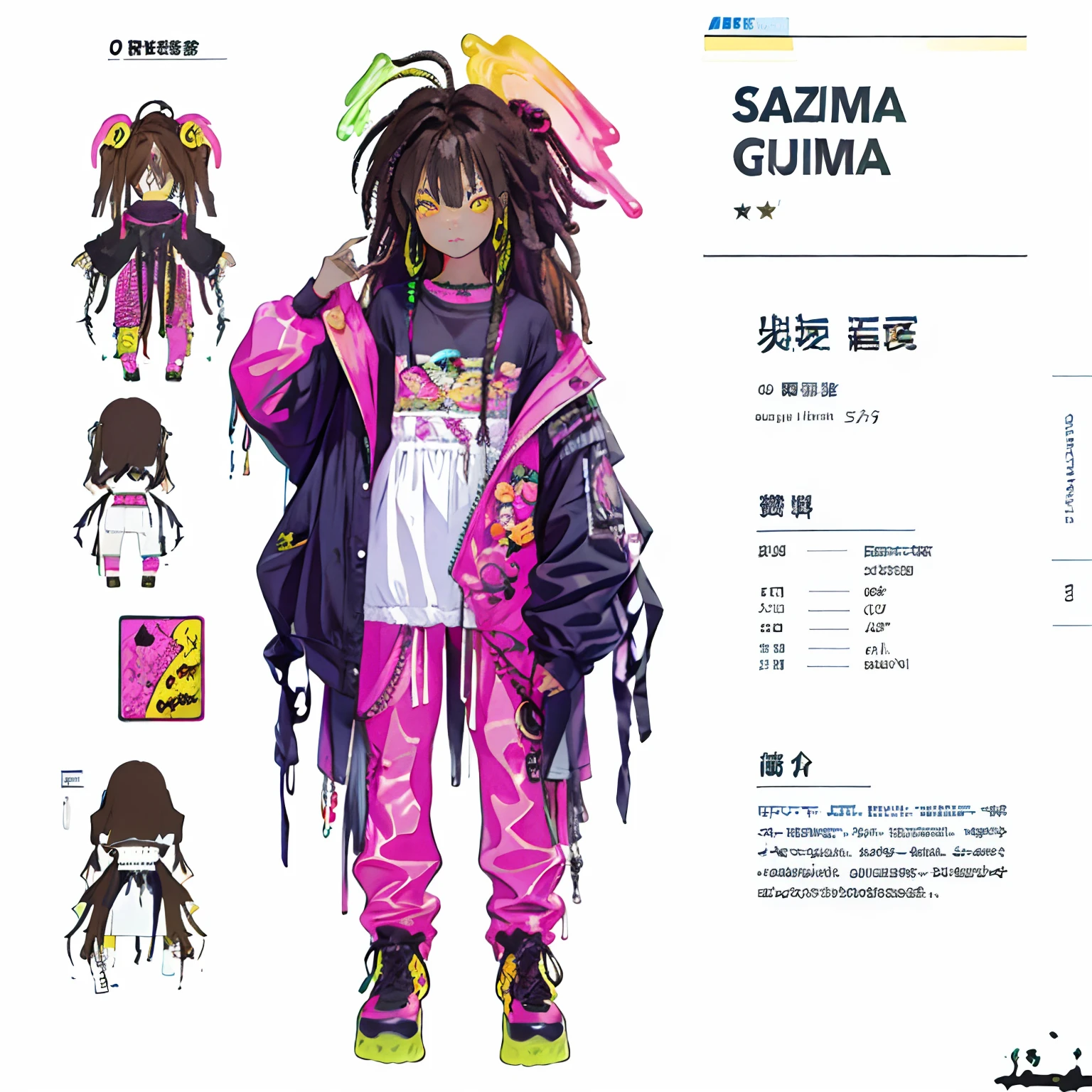 Colorful,candy outfit((sour gummy worms)),revealing baggy clothes((grunge)),pink,yellow, green,yellow, female((18 yrs old)), hairstyle((gummy worm dreads style)), sour gummy worm accessories, dark brown skin((Brazilian))
