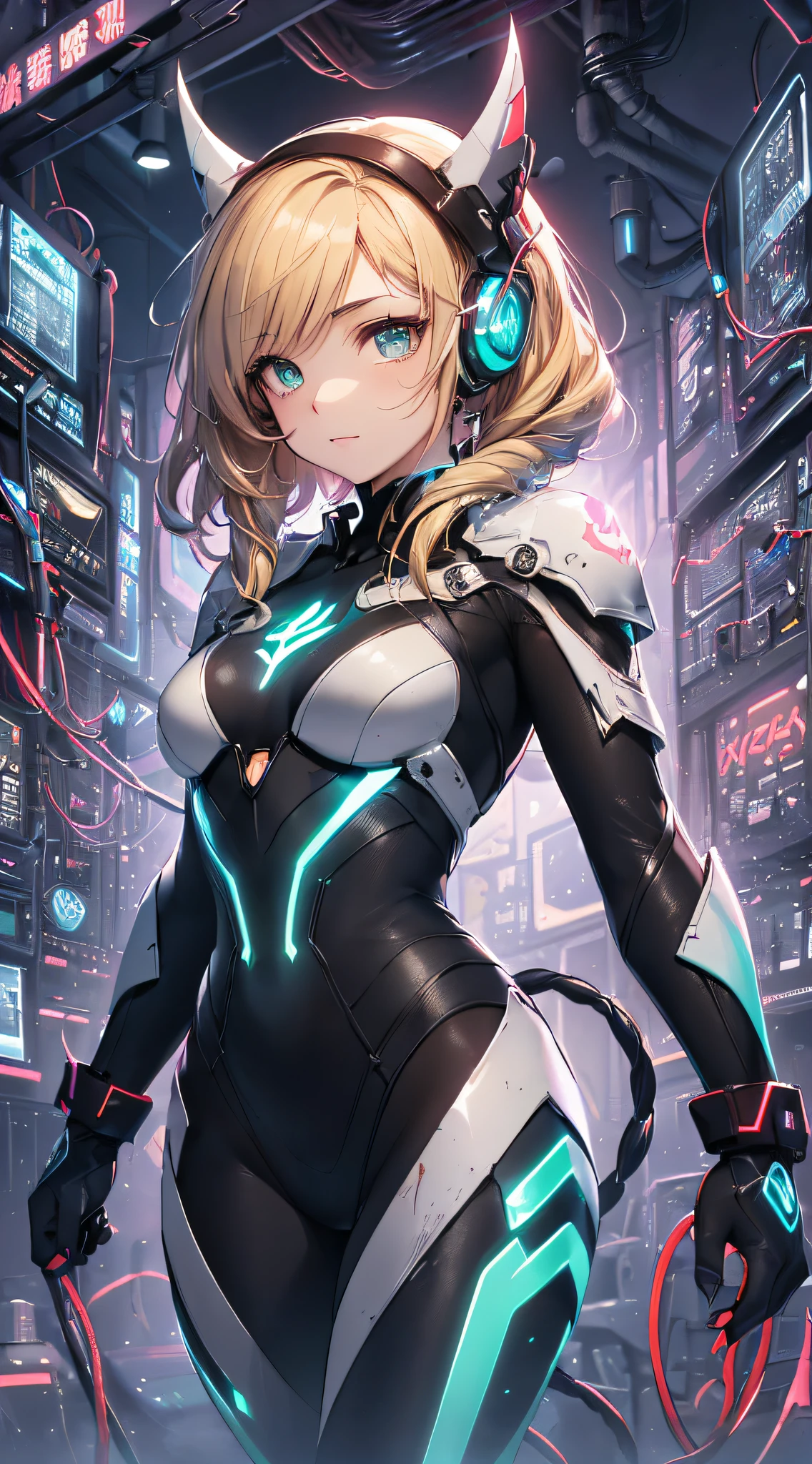 top-quality、Top image quality、masterpiece、Android Girl((18year old、Red, Black and blue glowing cybersuit、Blue energy source for the chest,Best Bust、Bust 90、Blonde Away Tail、Blue-green eyes、open chest wide、Valley、Happiness、A slender、deadpan、Stand at the front、Countless cable connections throughout the body、Particles of light、Sharp claw arm))hiquality、Beautiful Art、Background with((research complex、Cooling system、Frozen capsules、neon color、Cyberworld、Cold、Countless cables))、masutepiece、Elaborate design、visualart、