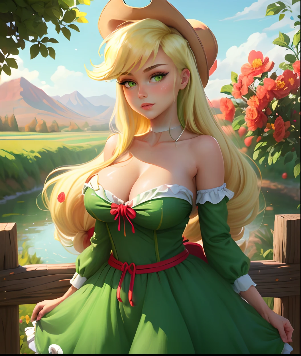 Apple Jack, Apple Jack from my Little Pony, Apple Jack in the form of a girl, long hair, voluminous breasts, very large breasts, lush breasts, bulging breasts, green and red dress, cow boy hat, picks apples, forest background, apple farm, emerald eye, blonde yellow hair, big bright green eyes, ((white fence)), ((river with flowers)), red and green flowers around her, highly detailed trees, bushes of flowers