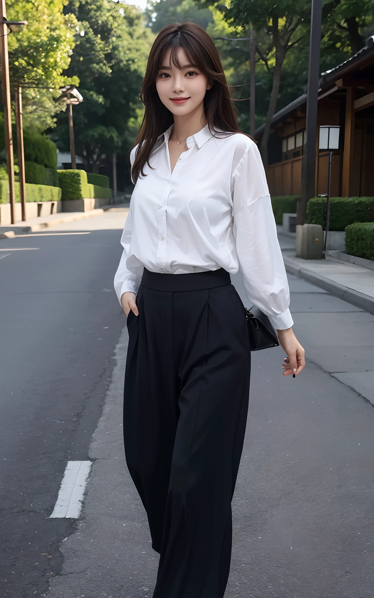 Masterpiece, Best picture quality, High quality, Random outdoor background,Beautiful woman, Japanese, Detailed, Detailed eyes, Detailed skin, Beautiful skin, 超A high resolution, (reality: 1.4),Very beautiful, Slightly younger face, Beautiful skin, Slender, (Ultra photo realsisim), (A high resolution), (8K), (Very detailed) (Beautifully detailed eyes), (Super detailed), leisure wear,a skirt,校服,校服,Pants, (the wallpaper), (Detailed face), view the viewer, Fine details, Detailed face, Smiling, Staring straight ahead, Staring straight ahead, Full-body angle, Realistic photo, Bright lighting, Professional lighting, Mature woman, Brown hair, Sway in the wind Straight hair side by side, Long stylish bangs,