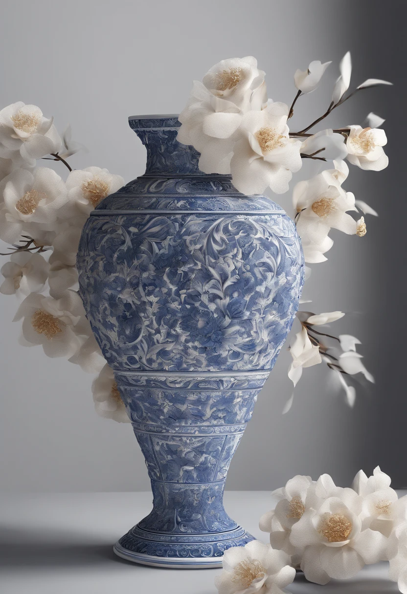 Blue and white porcelain,Ceramic material，Quadripartite vase，Embossed petals，artwork of a，Ornaments， high detail,3D， Chiaroscuro, Cinematic lighting, god light, Cinematic lighting, hyper HD, High details, Best quality, A high resolution, Textured skin