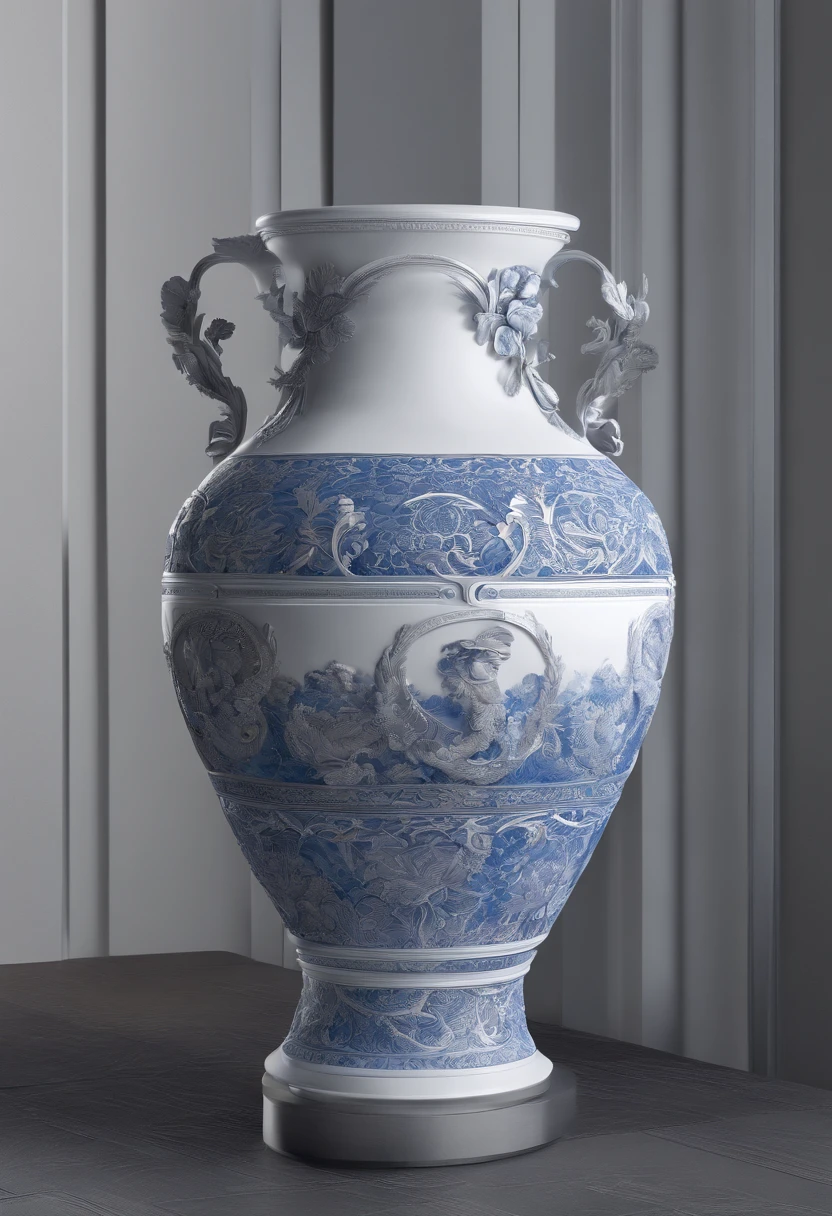 Blue and white porcelain,Ceramic material,Quadripartite vase,Embossed petals,artwork of a,Ornaments, high detail,3D, Chiaroscuro, Cinematic lighting, god light, Cinematic lighting, hyper HD, High details, Best quality, A high resolution, Textured skin