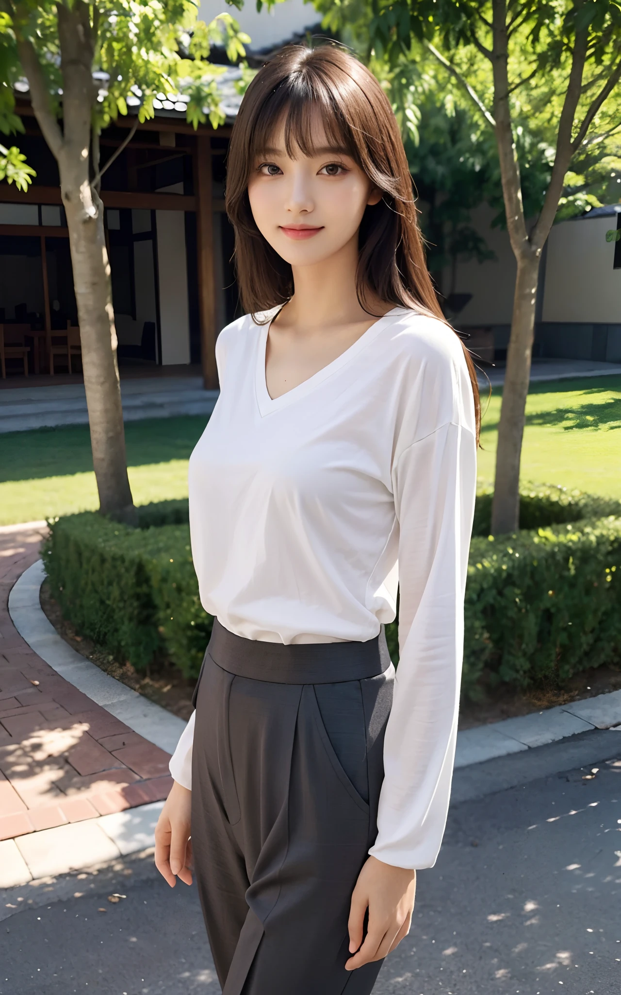 Masterpiece, Best picture quality, High quality, Random outdoor background,Beautiful woman, Japanese, Detailed, Detailed eyes, Detailed skin, Beautiful skin, 超A high resolution, (reality: 1.4),Very beautiful, Slightly younger face, Beautiful skin, Slender, (Ultra photo realsisim), (A high resolution), (8K), (Very detailed) (Beautifully detailed eyes), (Super detailed), leisure wear,a skirt,校服,校服,Pants, (the wallpaper), (Detailed face), view the viewer, Fine details, Detailed face, Smiling, Staring straight ahead, Staring straight ahead, Full-body angle, Realistic photo, Bright lighting, Professional lighting, Mature woman, Brown hair, Sway in the wind Straight hair side by side, Long stylish bangs,