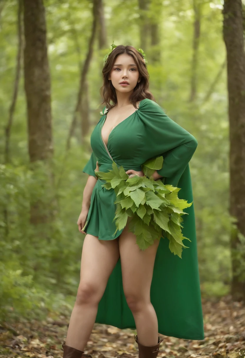 Fantasia, 1forest_element in_girl, Fighting, (Using_Leaves_Clothes, Green_Leaves_Covered_爆乳, Leaves_Covered_)+++,Medium_爆乳,Dynamic_Pose_Standing, light_Smile, sleepy, Medium_hair, a navel,(Dark_skin)+, oils, (Winding_vine_Around_torso)++, (plump)+,the woods, Trees_Background, Leaves_Headgear, Green_Leaves_Cape, Hold_Large_long_A staff, thighs thighs thighs thighs,