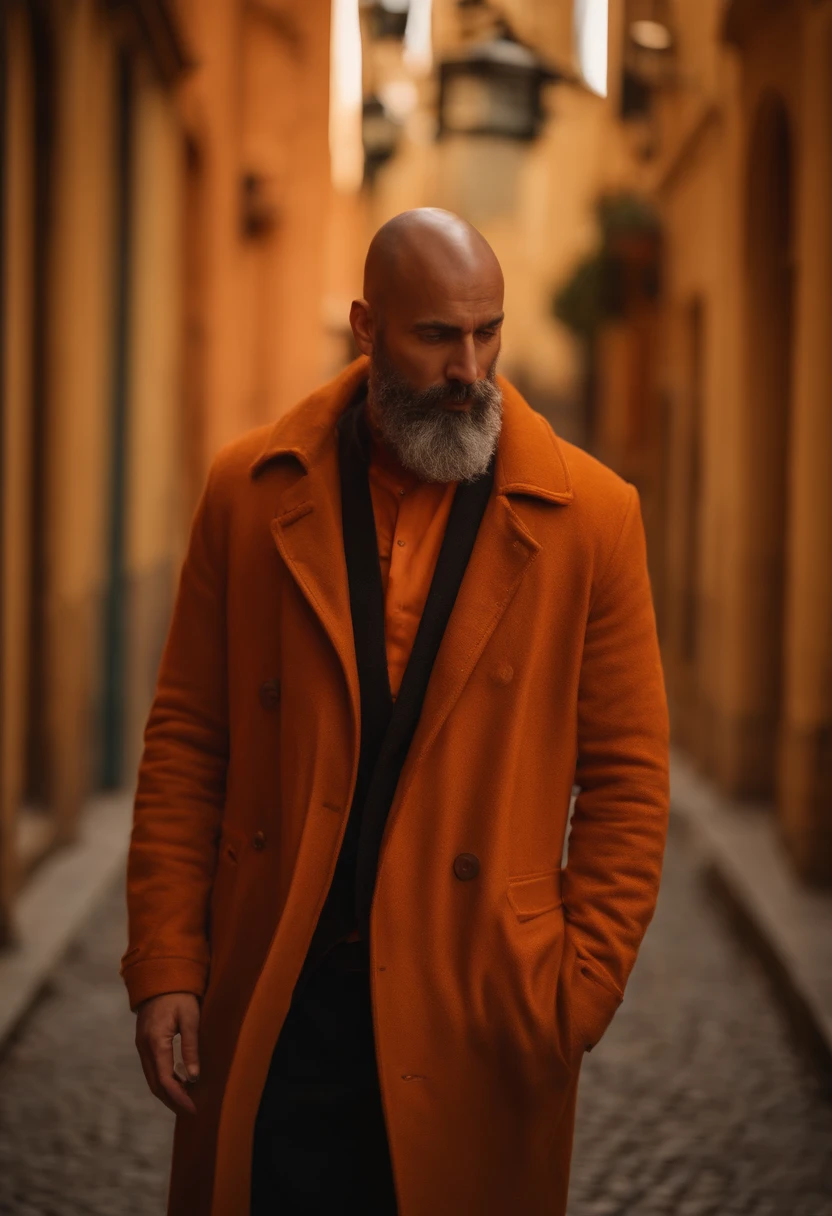 homme fort, couleur de peau mate, origine tunisien, Real, detailded, 4K, HDR, Chef d'oeuvre, dans une ville de style belgique, barbu, chauve, Shaved head, portant un blouson orange fluo, bien voyant