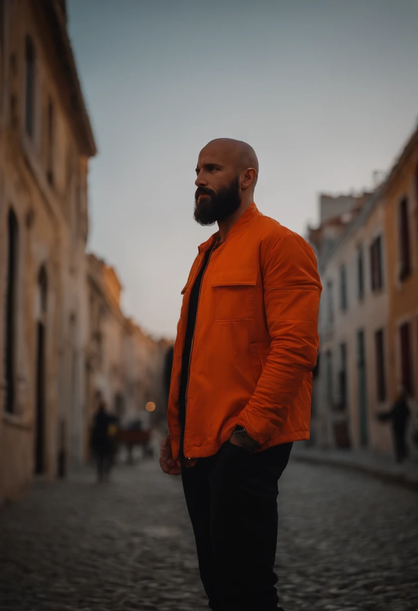 homme fort, couleur de peau mate, origine tunisien, Real, detailded, 4K, HDR, Chef d'oeuvre, dans une ville de style belgique, barbu, chauve, Shaved head, portant un blouson orange fluo, bien voyant