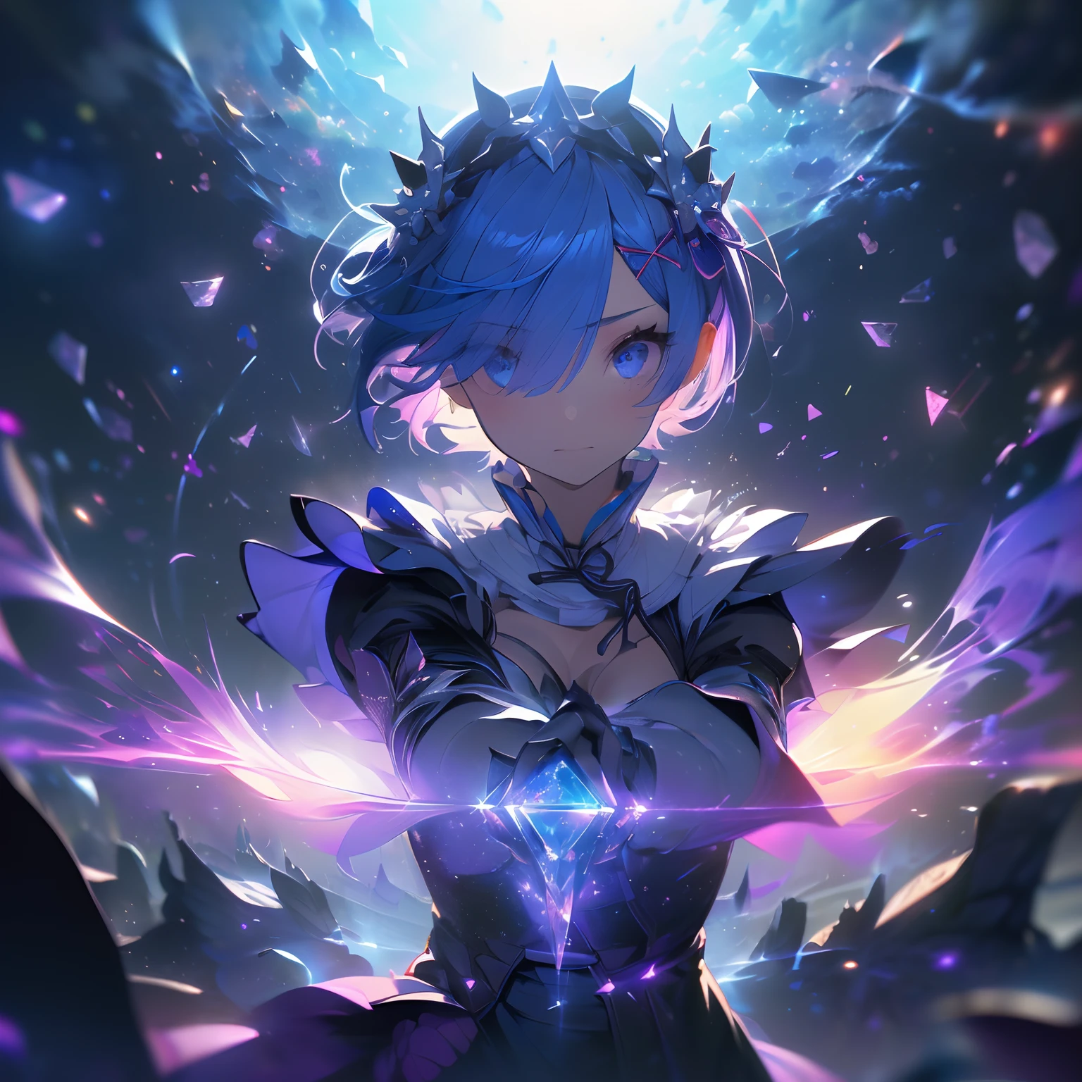 ((best quality)), ((masterpiece)), illustration, (detailed), isometric, (hexagon:1.2), (sharp:1.1), 1girl,  rem, rem (re:zero), cute, captivating pose, (light blue hair:1.1), short hair, (hair over one eye:1.1), blue eyes, medium breasts, roswaal mansion maid uniform, (white pantyhose:1.1), x hair ornament, purple hair ribbon, legs apart, cowboy shot, (looking at viewer:1.2), arms at sides, close-up, blood, fight, fighting, night, purple aura, purple glow, death, destruction, epic, cinematic, dramatic, reflective, shining, falling snow, floating ice crystals, flying ice shards, magic, spell, particle effects, Tindal effect, (Balance and coordination between all things), fantasy, unreal, dream, (high-resolution:1.2)