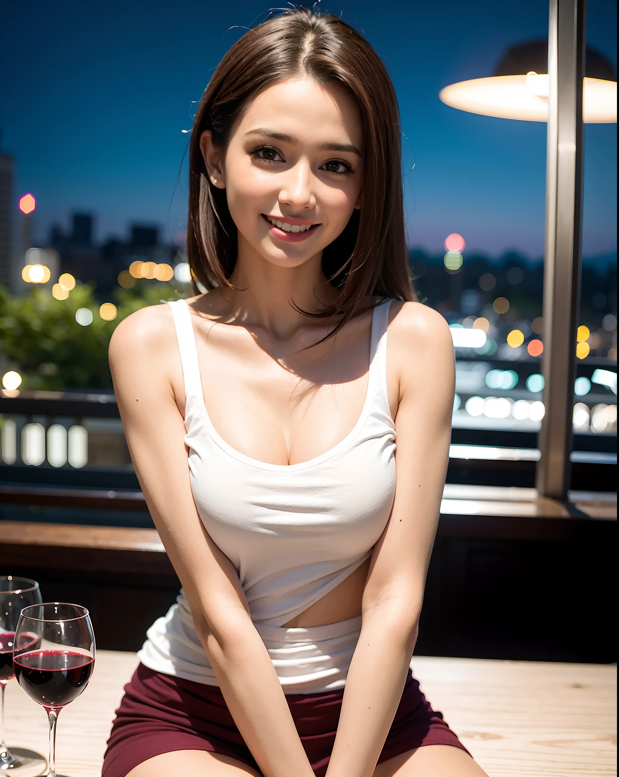 (8k, RAW photo, best quality, masterpiece:1.2), (realistic, photo-realistic:1.37), ultra-detailed,
1 girl,cute, solo,beautiful detailed sky,detailed cafe,night,sitting,dating,(nose blush),(smile:1.1),(closed mouth),large breasts, seductive smile, large aparture, professional lighting, Sony A7R4, Zessie 50mm F1.8,,fold your arms behind head:1.5,mole under eye:1.2
medium breasts,beautiful detailed eyes,(white sexy dress:1.1), bowtie,pleated skirt,(short hair:1.2),floating hair