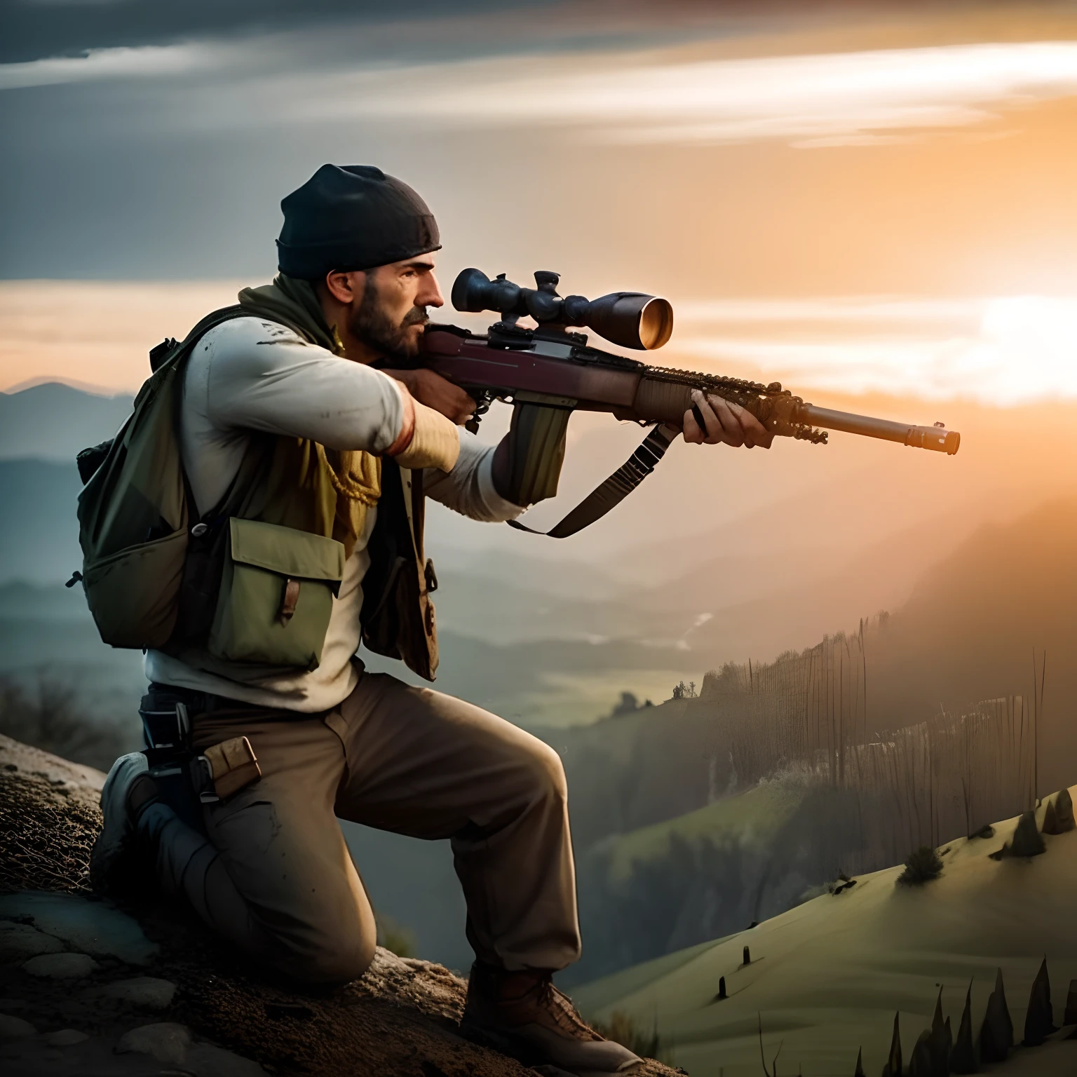 Homem com um fuzil no topo de uma montanha, hunter alone in the desert, franco-atirador! homem de meia-idade, carrying a hunting rifle with a crosshairs, holding a sniper rifle, preciso e detalhado, man is carrying a rifle, Hunting, long-range shooting, franco-atirador, high quality action photography, Fogo de atirador de grosso calibre, tiro centralizado, segurando fuzil, Fogo de franco-atirador, tiro realista em 1920x1080p