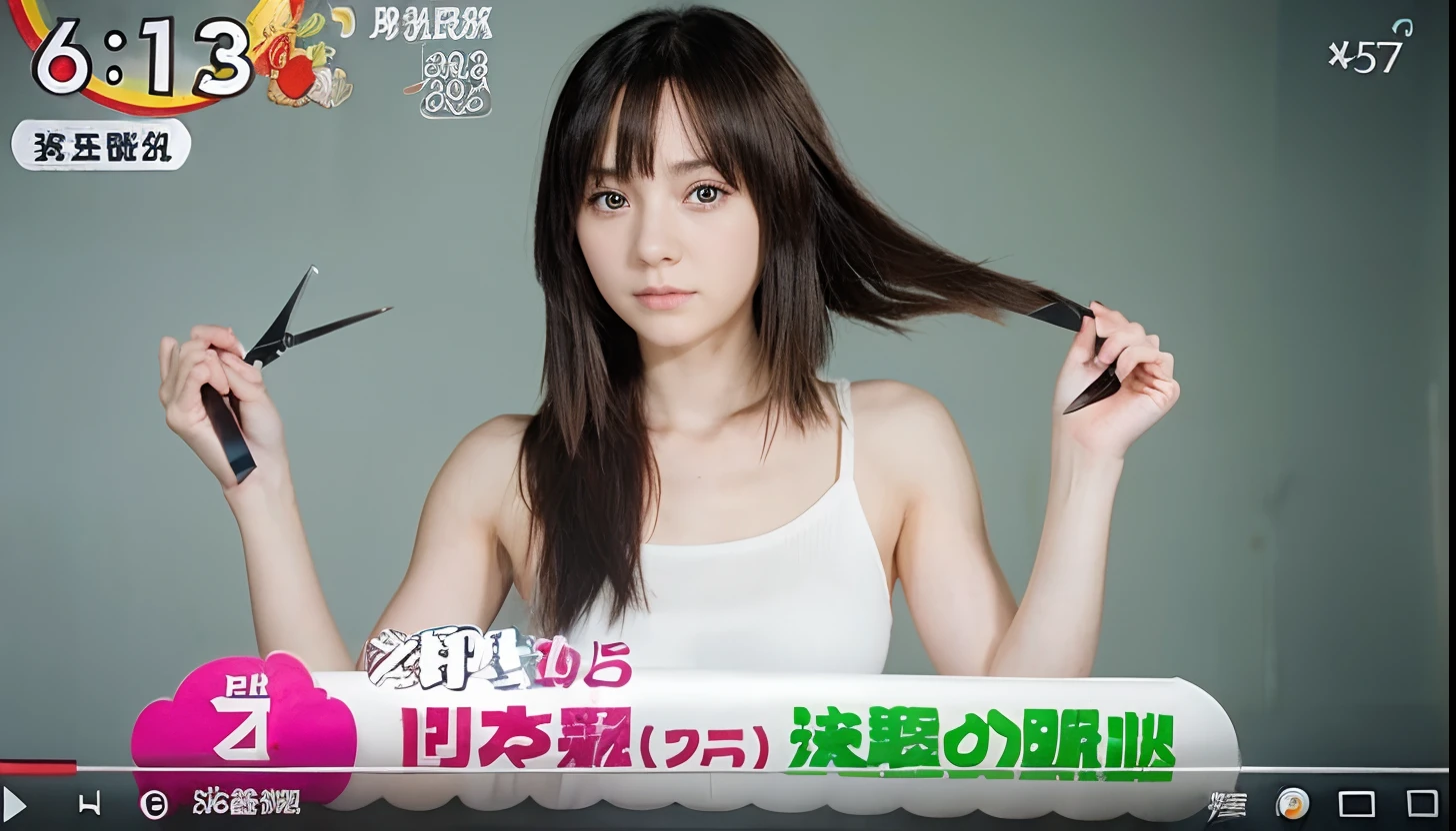 Anime girl cut her hair with scissors