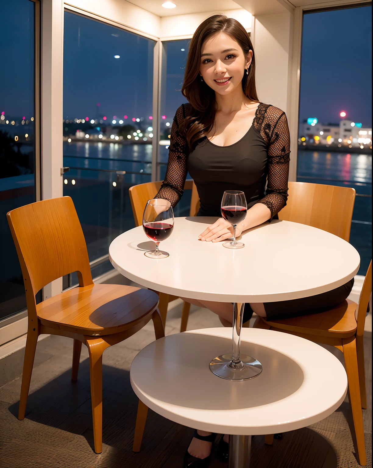 (64K, UHD, top quality, masterpiece: 1.2), (realistic, photorealistic: 1.37), super detailed, pretty woman 1 person, (slim face), (slim body), (brown hair), (short cut), cheeks slightly blushing, (44 years old), 38 years old, solo, beautiful detailed urban night view outside the window, restaurant, wine glasses sit, at night, in a prominent placeNovaFrogStyle, Actress, Model, Waist Up, White Wine, Slim, Wine Glass, Super Clean Night View, Wine Glass Put in the Middle, Happy Smile, (Smile: 1.15), Beautiful Fine Eyes, Upper Body, Bust Japan Up, Night, Short, Short, Actress, Model, Waist Up, White Wine, Slim, Wine Glass, Super Clean Night View, Wine Glass Put in the Middle, Happy Smile,