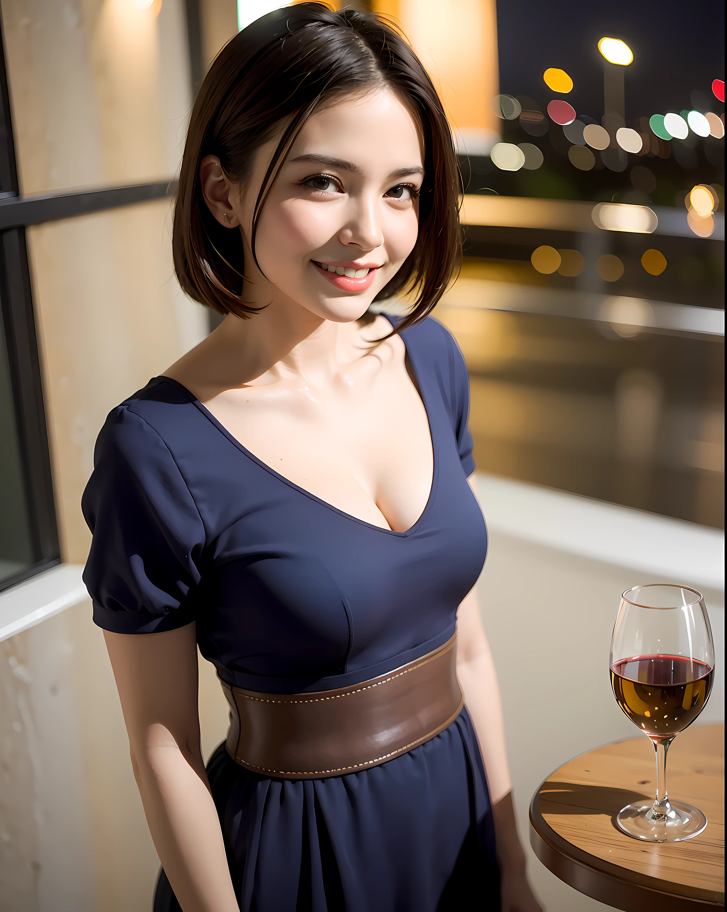 (64K, UHD, top quality, masterpiece: 1.2), (realistic, photorealistic: 1.37), super detailed, pretty woman 1 person, (slim face), (slim body), (brown hair), (short cut), cheeks slightly blushing, (44 years old), 38 years old, solo, beautiful detailed urban night view outside the window, restaurant, wine glasses sit, at night, in a prominent placeNovaFrogStyle, Actress, Model, Waist Up, White Wine, Slim, Wine Glass, Super Clean Night View, Wine Glass Put in the Middle, Happy Smile, (Smile: 1.15), Beautiful Fine Eyes, Upper Body, Bust Japan Up, Night, Short, Short, Actress, Model, Waist Up, White Wine, Slim, Wine Glass, Super Clean Night View, Wine Glass Put in the Middle, Happy Smile,