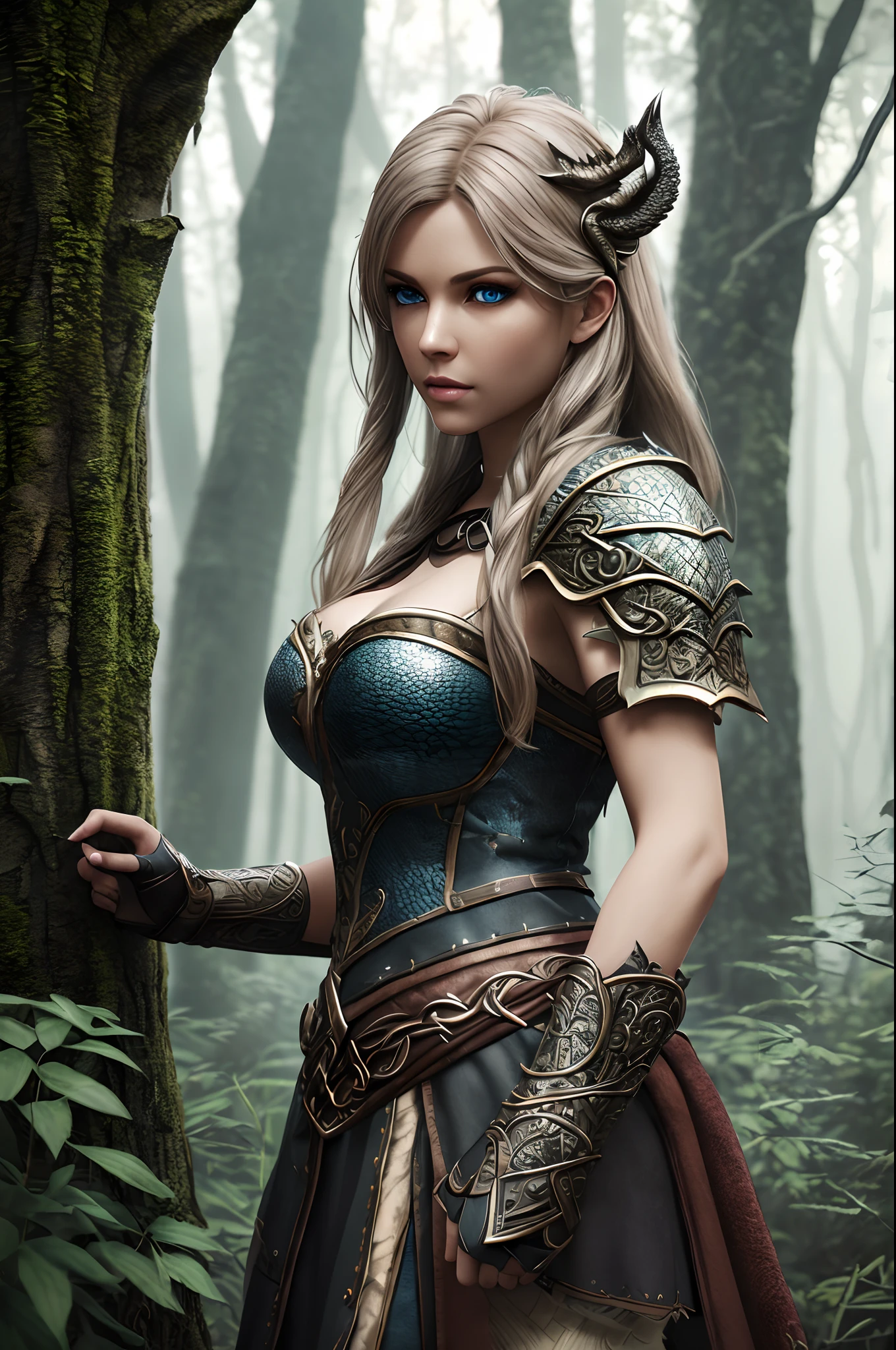 1 close-up of the woman, ((full body)) Aztec armor, pen, dramatic lighting, perspective, complex background, depth of field, forest (photorealistic, realistic)