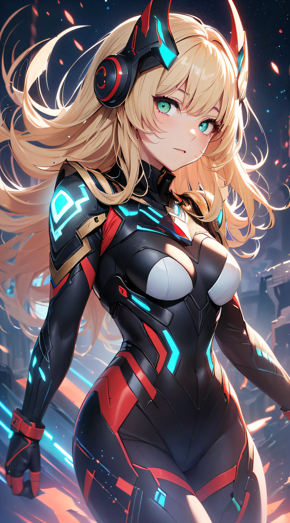 top-quality、Top image quality、masterpiece、Android Girl((、Red, Black, Red and white glowing cybersuit、Blue energy source for the chest,Best Bust、Bust 90、Blonde Away Tail、Blue-green eyes、open chest wide、Valley、Happiness、A slender、Mysterious face、Drifting in the air,Particles of light、Sharp claw arm,battered body、mid air、Glowing eyes))hiquality、Beautiful Art、Background with((mistic、Fantastic universe))、masutepiece、Elaborate design、visualart、Theatrical films