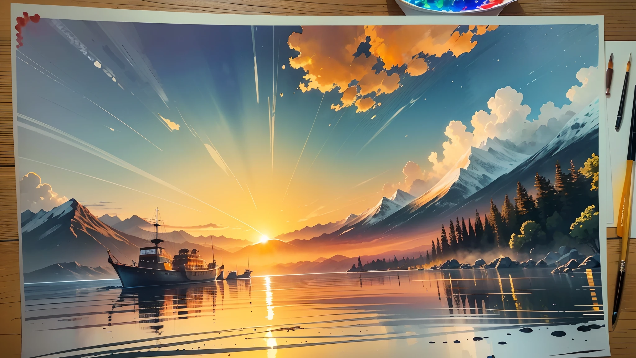Every dawn is a new chance to make a difference. Make the most of this day and make it happen!, A vibrant sunrise over a calm ocean, reflecting the golden and orange colors, mountains in the distance creating a majestic silhouette, Feeling of peace and renewal, Painting, watercolor on paper, --auto --s2