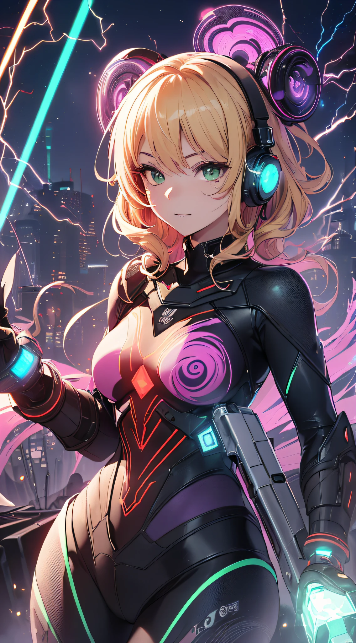 top-quality、Top image quality、​masterpiece、Android Girl((18year old、Red, Black and blue glowing cybersuit、Blue energy source for the chest,Best Bust、Bust 90、Blonde Away Tail、Blue-green eyes、open chest wide、Valley、Happiness、A slender、Warlike face、Stand at the front、Countless cable connections throughout the body、Particles of light、Sharp claw arm,Laser Cannon)）hiquality、Beautiful Art、Background with((Blue lighting、Green particles、Red Laser Pointer、Purple swirl,Yellow flash、Pink lightning))、masutepiece、Elaborate design、visualart、Theatrical films