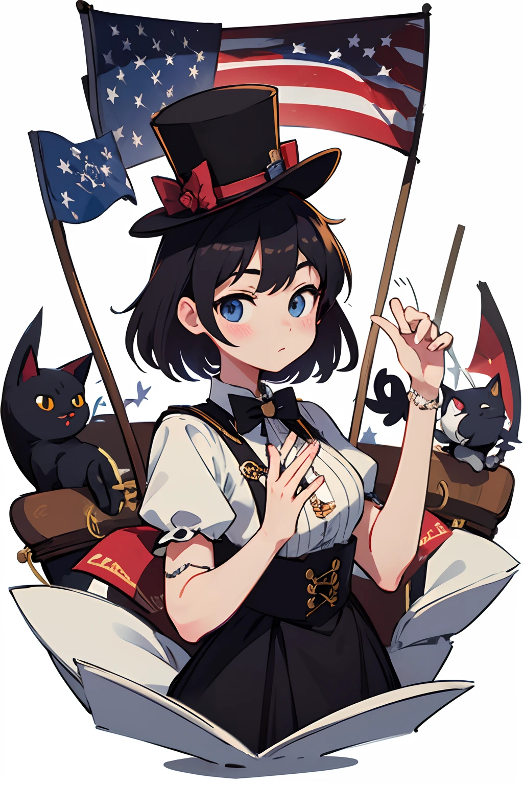 The Enigmatic Illusionist's Cat、Wearing a top hat decorated with the flag of all nations、Waving a cane creates the illusion of crossing borders、captivated the audience。