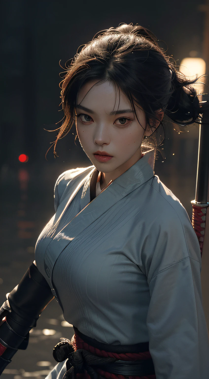 ((Best Quality, 8K, Masterpiece: 1.3)), Sharp: 1.2, Perfect Body Beauty in the Rain: 1.4, Wet Body Slim Abs: 1.2, ((Layered Hairstyle, Medium: 1.2)), ( Wet white button-down long shirt: 1.1), (tank, street: 1.2), wet: 1.5, highly detailed face and skin texture, detailed eyes, double eyelids, close-up of a man holding a sword before the full moon, very beautiful cyberpunk samurai, she holds a katana, inspired by Kogai Kano, female samurai, katana, holding a big sword, demon samurai, from the night of the ark, demon samurai warrior, she holds a sword, Kunoichi, dramatically-wielding katana pose, (ultra: 1.4) hair with traces left by rain. In the dark night, with lightning and thunderstorms! Running barefoot, there are already wounds and blood on the arms on the body,
