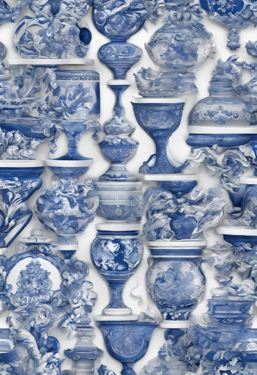 Blue and white porcelain,Ceramic material,microphones,artwork of a,Ornaments, high detail,3D, Chiaroscuro, Cinematic lighting, god light, Cinematic lighting, hyper HD, High details, Best quality, A high resolution, Textured skin