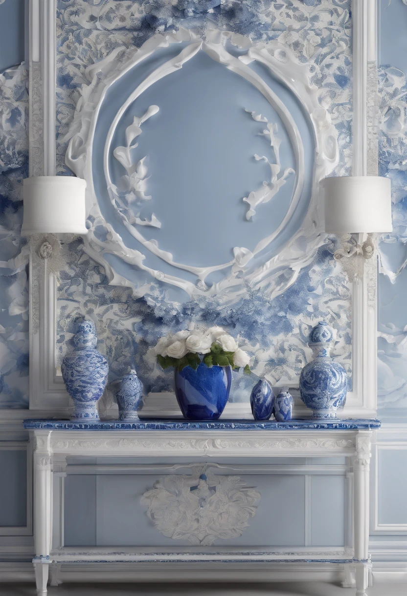 Blue and white porcelain,Ceramic material，microphones，artwork of a，Ornaments， high detail,3D， Chiaroscuro, Cinematic lighting, god light, Cinematic lighting, hyper HD, High details, Best quality, A high resolution, Textured skin