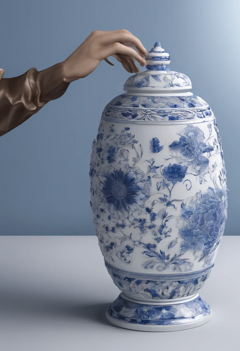 Blue and white porcelain,Ceramic material,microphones,artwork of a,Ornaments, high detail,3D, Chiaroscuro, Cinematic lighting, god light, Cinematic lighting, hyper HD, High details, Best quality, A high resolution, Textured skin