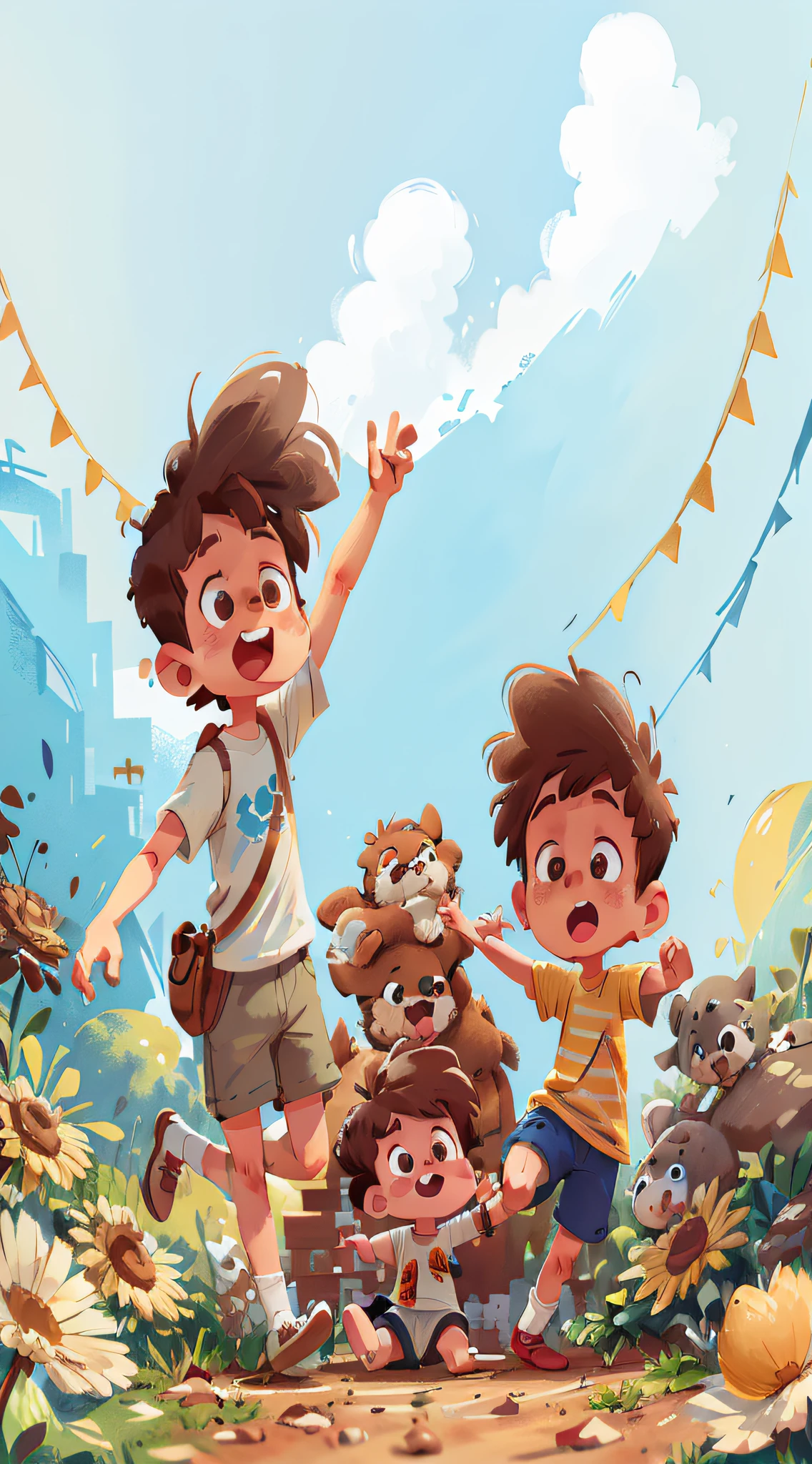 A little boy and dog, boy wearing white short sleeves, brown hair, dayman's hairstyle, dog sticking out his tongue happily, blue sky, happy, jumping, happy --v 6