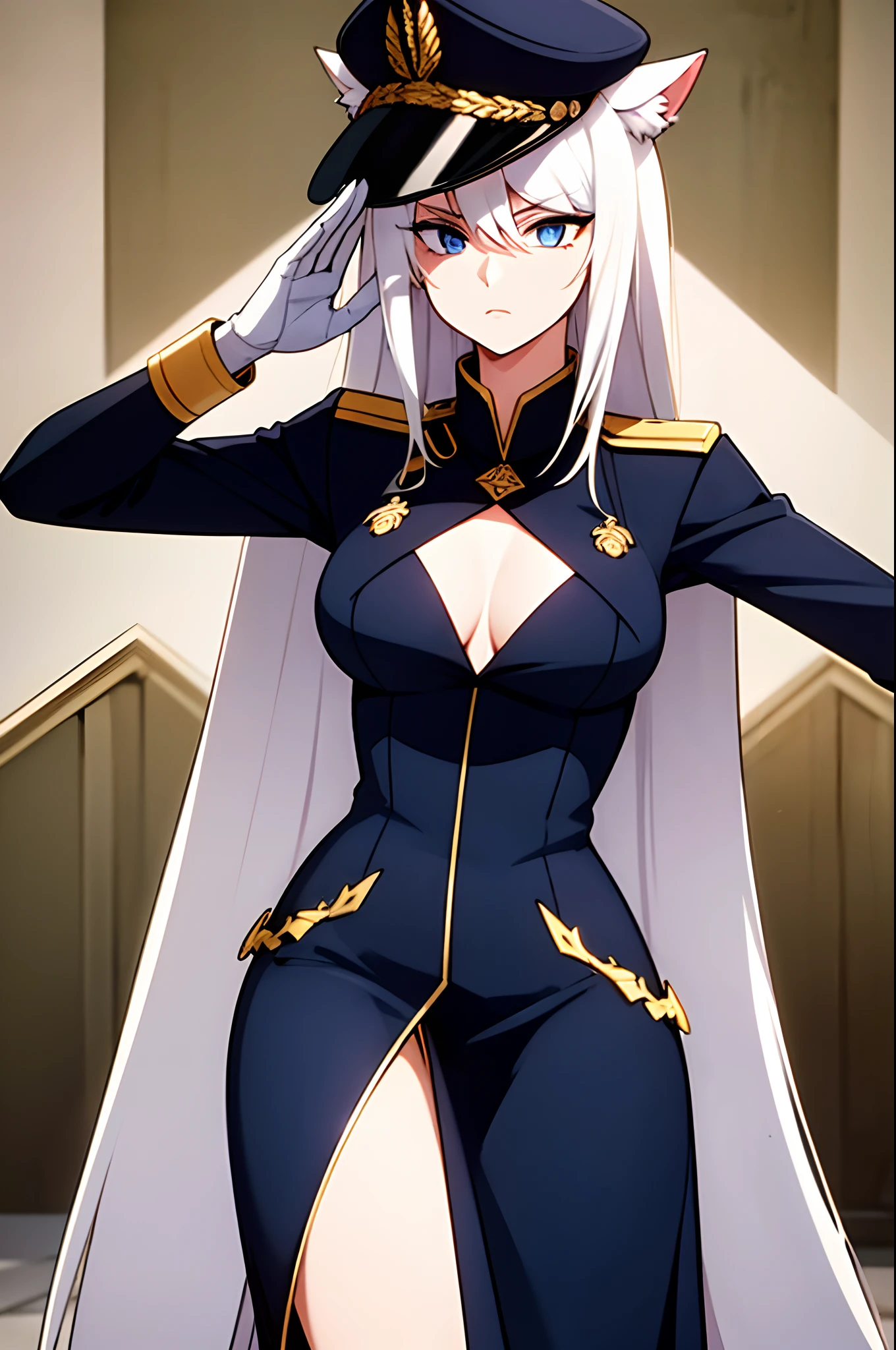 req: ltall athletic adult woman with (white neko ears), and long white hair with colorful holofoil details, she has a mature (human face) with bright blue eyes and a serious thoughtful expression, BREAK fully clothed with a long coat, a hat (between her white cat ears), and a formal navy dress uniform that covers her strong thighs BREAK standing in a battlefield trench with a dynamic pose, calling out orders to her cyborg knights with a dramatic gesture