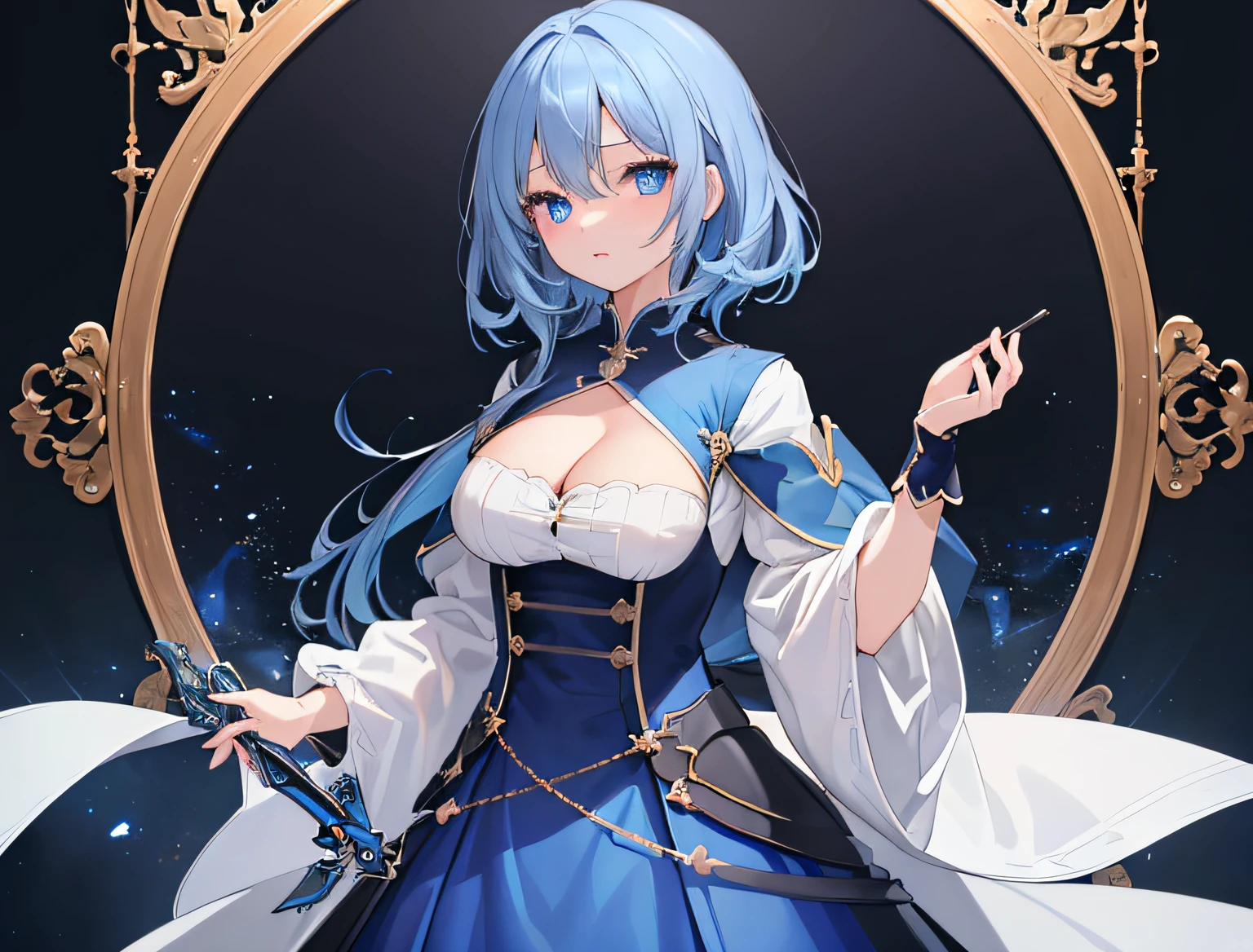 (masterpiece:1.21), (top-quality:1.331), ((ultra-detailliert)), ((Superb illustration)), ((astounding)), (An ultra-high picture quality), Gorgeous and rich graphics, (extremely delicate and beautiful:1.21), 8K, wall-paper, (Very beautiful lighting), hard lights,(beautiful finely detailed eyes)、1girl in、独奏、full bodyesbian、From head to toe、is standing、blue hairs、shorth hair、blue eyess、large full breasts、cleavage of the breast、Full body portrait、Gray clothes、military outfits、sullenness、frontage、masterpiece、top-quality、black backgrounds