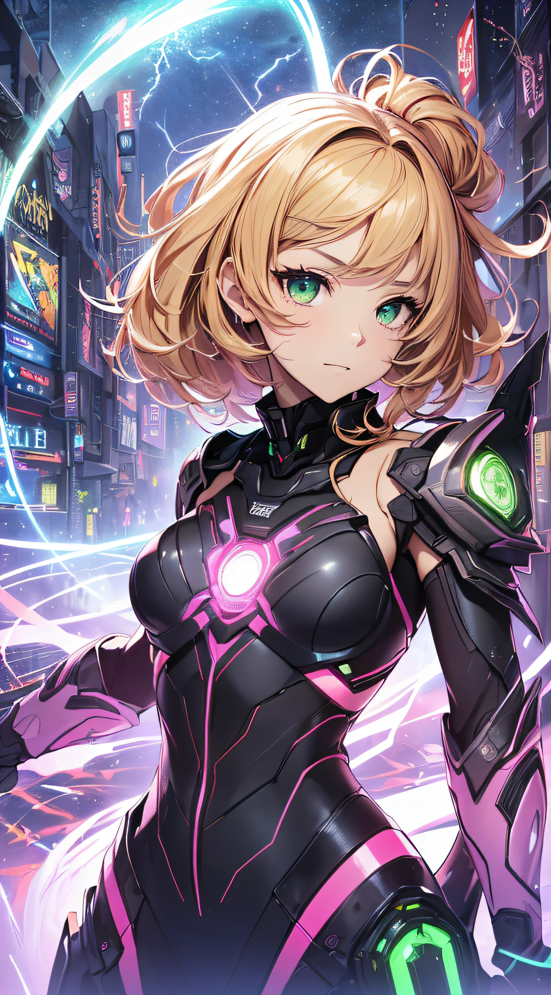(sfw), intricate details, (bright neon colors), detailed background, night, 1girl, (petite, (cute face, bright glowing yellow eyes), (human torso, petite perky breasts, robotic limbs), (gradient purple and yellow hair, absurdly long hair, hair blowing in the wind)), detailed ribbed impossible bodysuit, shoulder armor, dynamic angle
