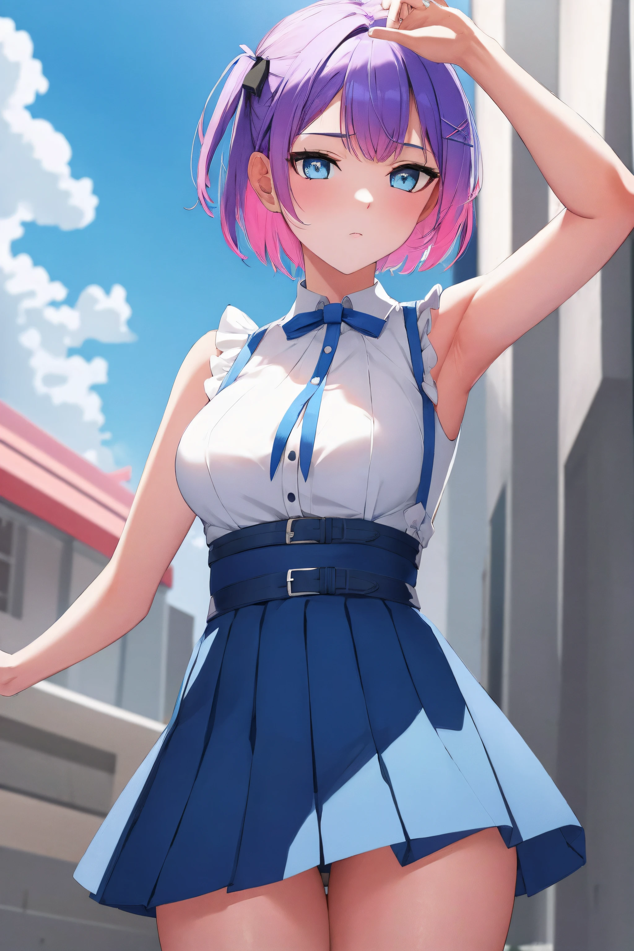 (day:1.7), sky background,a blue sky and clouds,
standing at attention,armpits,arm up,
white shirt, blue vest, sleeveless, blue thighhighs, blue skirt
cctowa, short hair, two side up, hair ribbonhair ornament,
1 girl, 20yo,young female,Beautiful Finger,Beautiful long legs,Beautiful body,Beautiful Nose,Beautiful character design, perfect eyes, perfect face,
looking at viewer, (innocent_big_eyes:1.0),(expressionless:1.3),
NSFW,official art,extremely detailed CG unity 8k wallpaper, perfect lighting,Colorful, Bright_Front_face_Lighting,
(masterpiece:1.0),(best_quality:1.0), ultra high res,4K,ultra-detailed,
photography, 8K, HDR, highres, absurdres:1.2, Kodak portra 400, film grain, blurry background, bokeh:1.2, lens flare, (vibrant_color:1.2)
(Beautiful,medium_Breasts:1.4), (beautiful_face:1.5),(narrow_waist),(perfect hands, perfect anatomy),