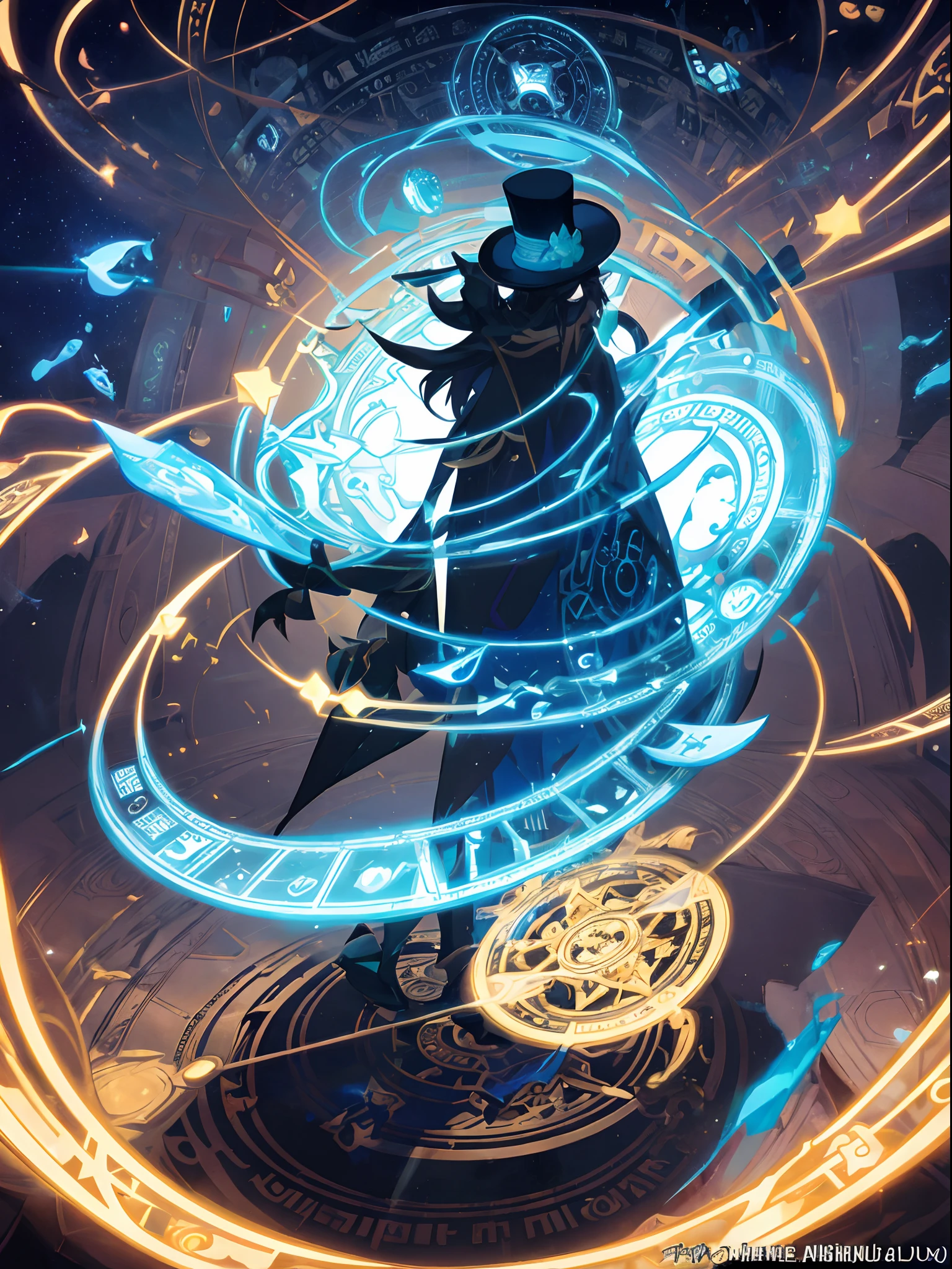 The Enigmatic Illusionist's Cat, Wearing a top hat, Waving a cane creates the illusion of crossing borders, magic circle, (Best Quality), (masutepiece:1.3), (Anime Illustration:1.36), (Realistic), Ultra-detailed, Fantastic under the stars,