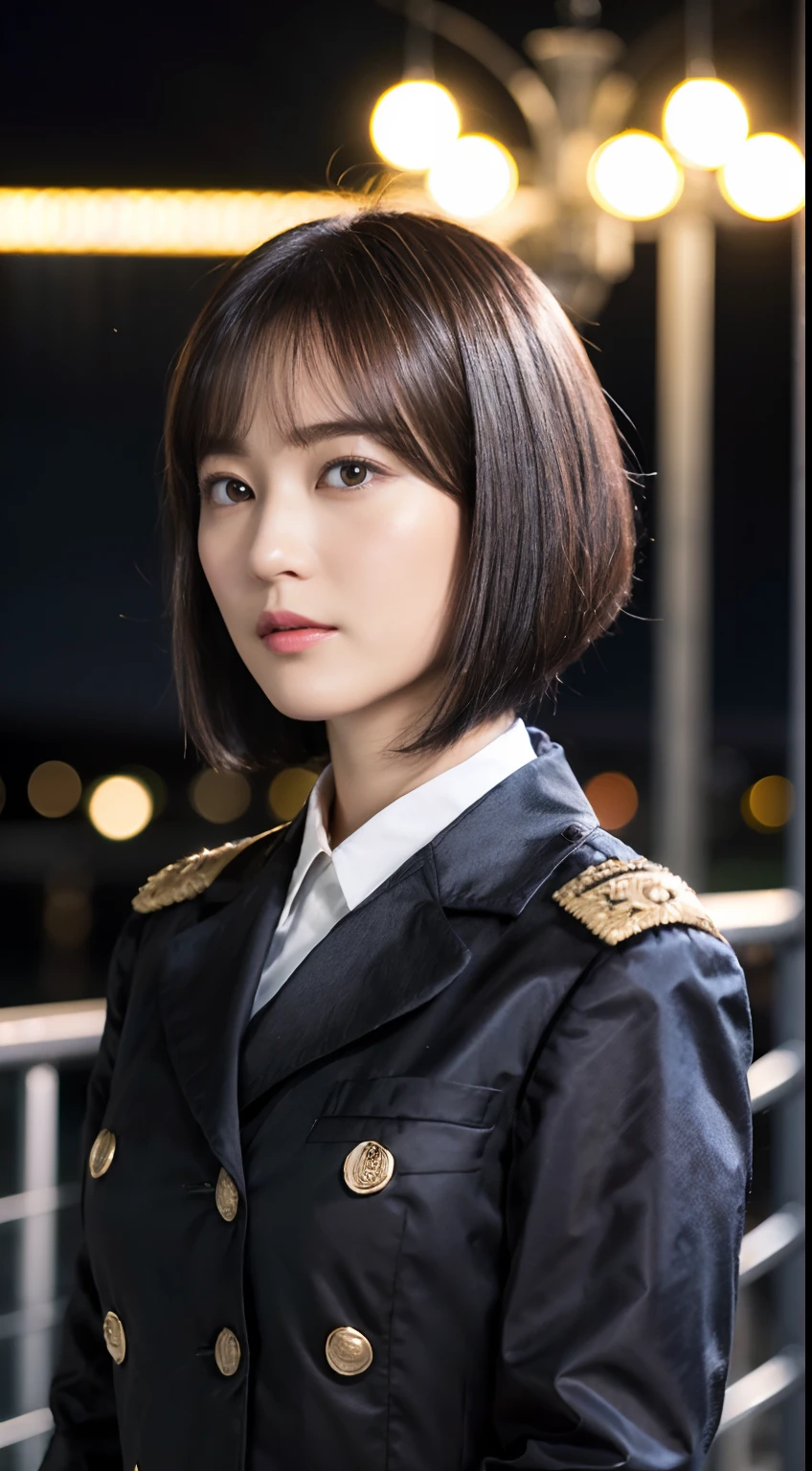 42
(Airy wavy short bob cut:1.23), (a 25yo woman), (A hyper-realistic), (Masterpiece), (8KUHD), Naval port at night, Military uniforms for the near future, military uniform in future,