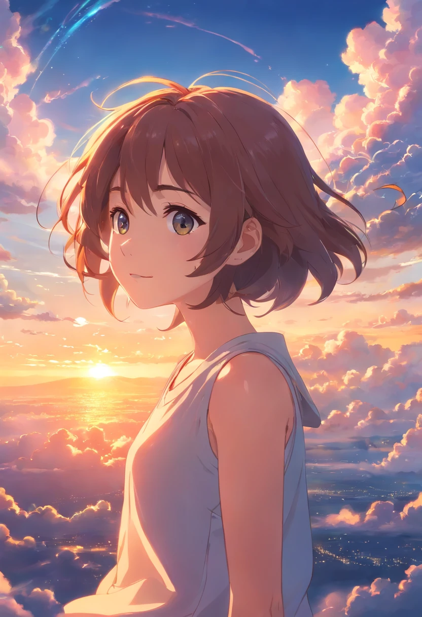 masterpiece, best quality, movie still, 1girl, cloud girl, floating in the sky, close-up, bright, happy, warm soft lighting, sunset, (sparks:0.7)