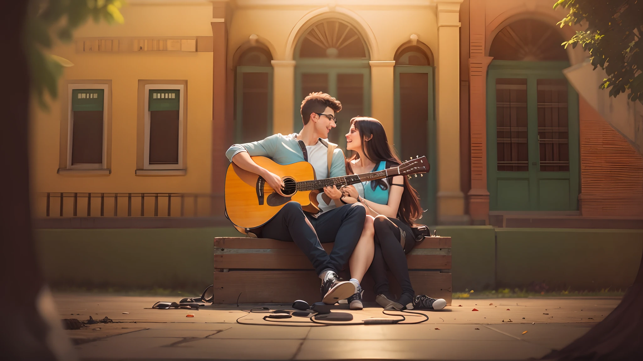 College beautifull couples male  playing guitar and female listening to it and enjoying