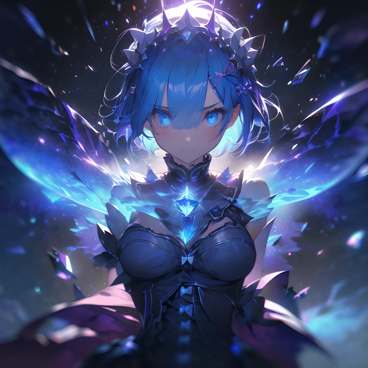 ((best quality)), ((masterpiece)), illustration, (detailed), isometric, (hexagon:1.2), (sharp:1.1), 1girl,  rem, rem (re:zero), cute, captivating pose, (light blue hair:1.1), short hair, (hair over one eye:1.1), blue eyes, medium breasts, roswaal mansion maid uniform, (white pantyhose:1.1), x hair ornament, purple hair ribbon, legs apart, cowboy shot, (looking at viewer:1.2), arms at sides, close-up, blood, fight, fighting, night, purple aura, purple glow, death, destruction, epic, cinematic, dramatic, reflective, shining, falling snow, floating ice crystals, flying ice shards, magic, spell, particle effects, Tindal effect, (Balance and coordination between all things), fantasy, unreal, dream, (high-resolution:1.2)