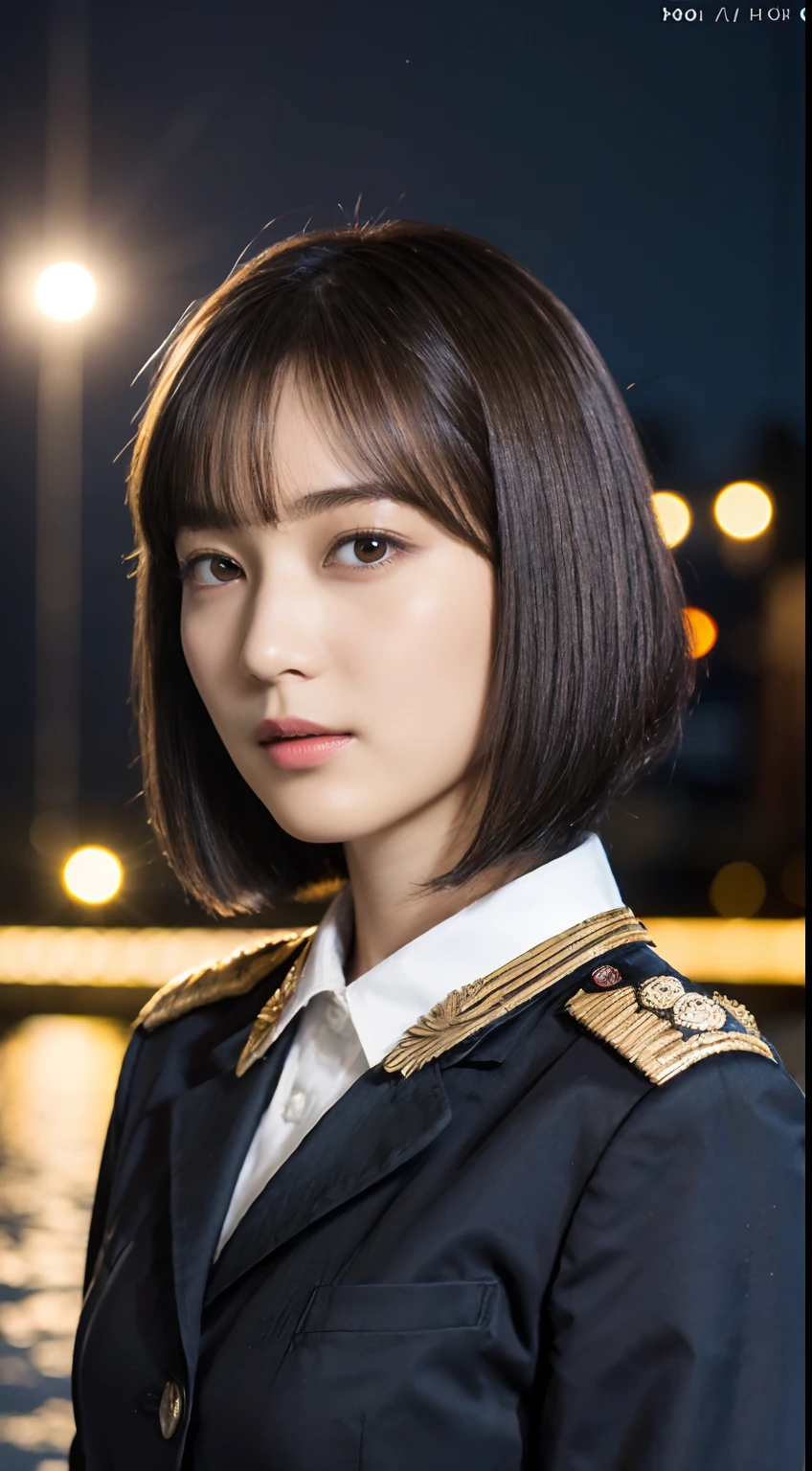 42
(Airy wavy short bob cut:1.23), (a 25yo woman), (A hyper-realistic), (Masterpiece), (8KUHD), Naval port at night, Military uniforms for the near future, military uniform in future,