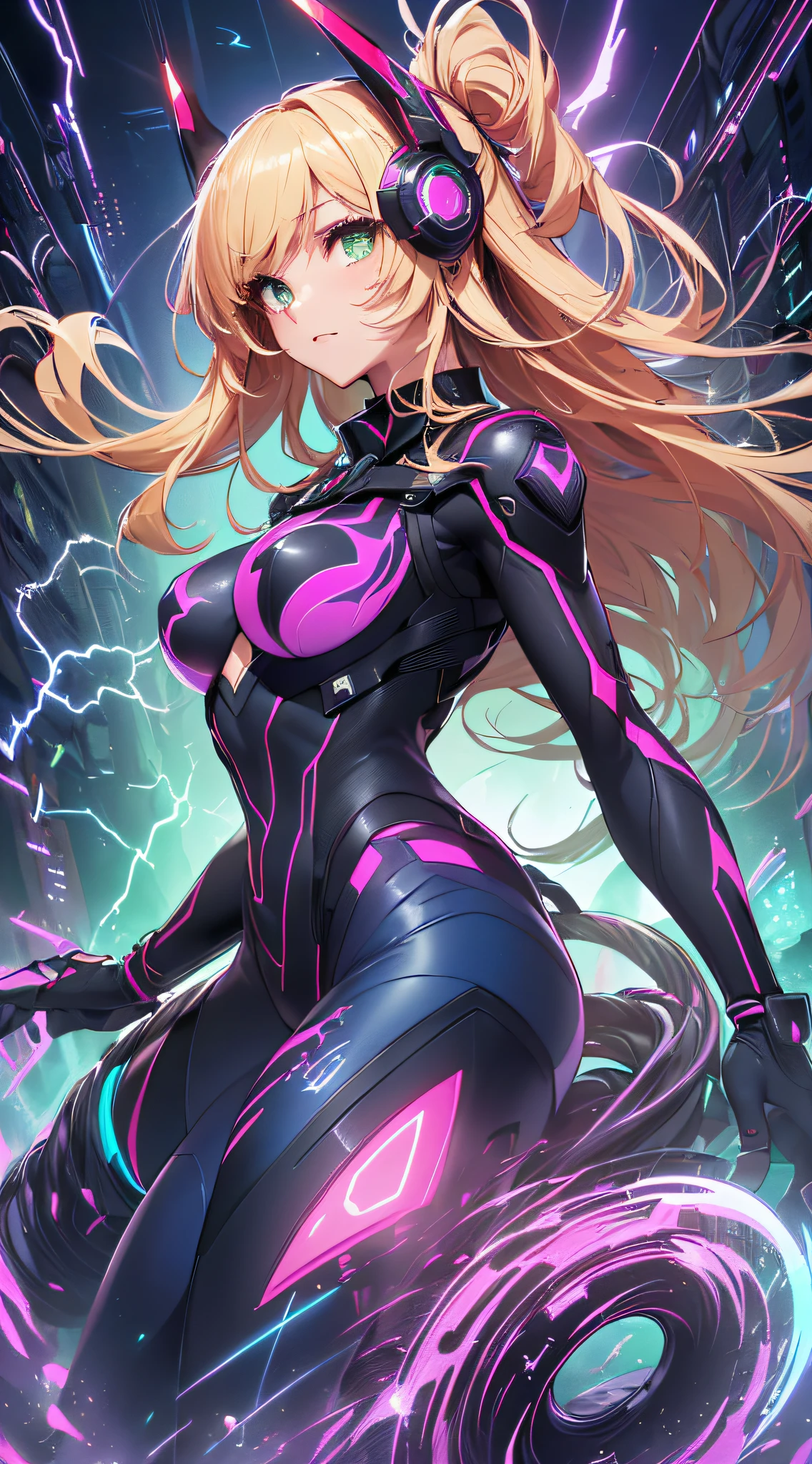 top-quality、Top image quality、masterpiece、Android Girl((years、Red, Black and blue glowing cybersuit、Blue energy source for the chest,Best Bust、Bust 90、Blonde Away Tail、Blue-green eyes、open chest wide、Valley、Happiness、A slender、Warlike face、Stand at the front、Countless cable connections throughout the body、Particles of light、Sharp claw arm,Dual-arm laser cannon、Bruised body、battleing、Giant Cybersword、Rear Flight Unit))hiquality、Beautiful Art、Background with((Blue lighting、Green particles、Red Laser Pointer、Purple swirl,Yellow flash、Pink lightning、Cyberfield))、masutepiece、Elaborate design、visualart、Theatrical films