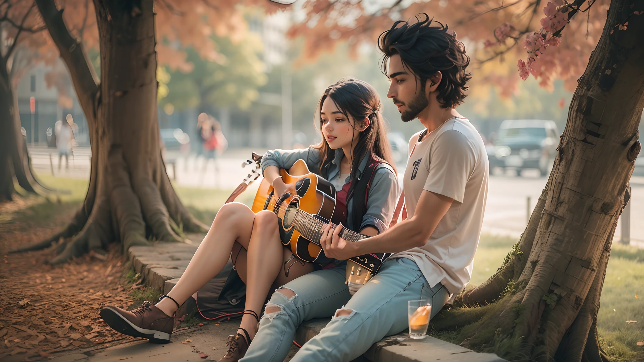 College beautifull couples male playing guitar and female listening to it and enjoying