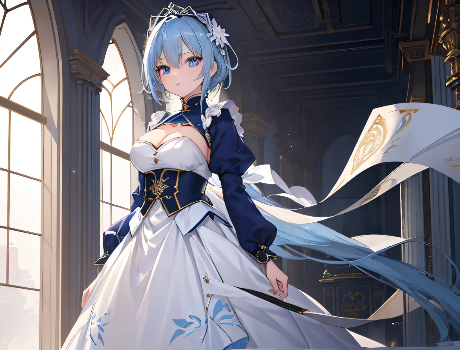 (masterpiece:1.21), (top-quality:1.331), ((ultra-detailliert)), ((Superb illustration)), ((astounding)), (An ultra-high picture quality), Gorgeous and rich graphics, (extremely delicate and beautiful:1.21), 8K, wall-paper, (Very beautiful lighting), hard lights,(beautiful finely detailed eyes)、1girl in、独奏、full bodyesbian、From head to toe、is standing、blue hairs、shorth hair、blue eyess、large full breasts、cleavage of the breast、Full body portrait、Gray clothes、military outfits、sullenness、frontage、masterpiece、top-quality、black backgrounds