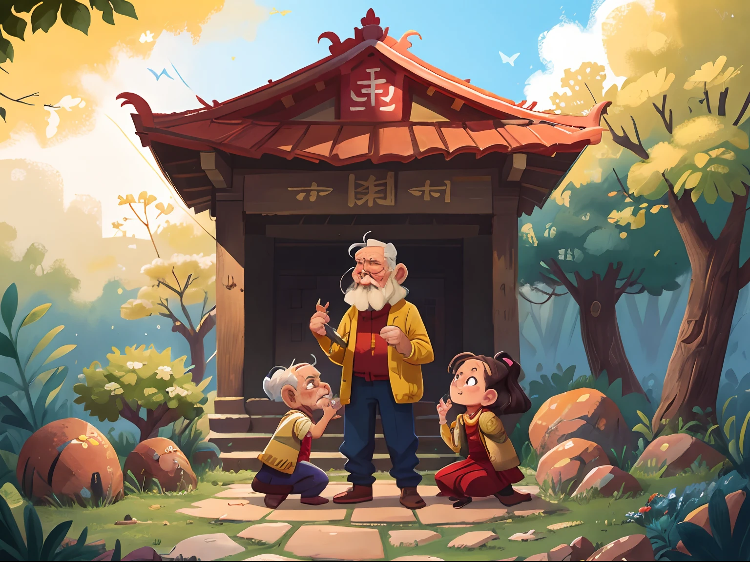 （Men and women bow down to grandfather outside the temple）（The old man stood outside the temple）