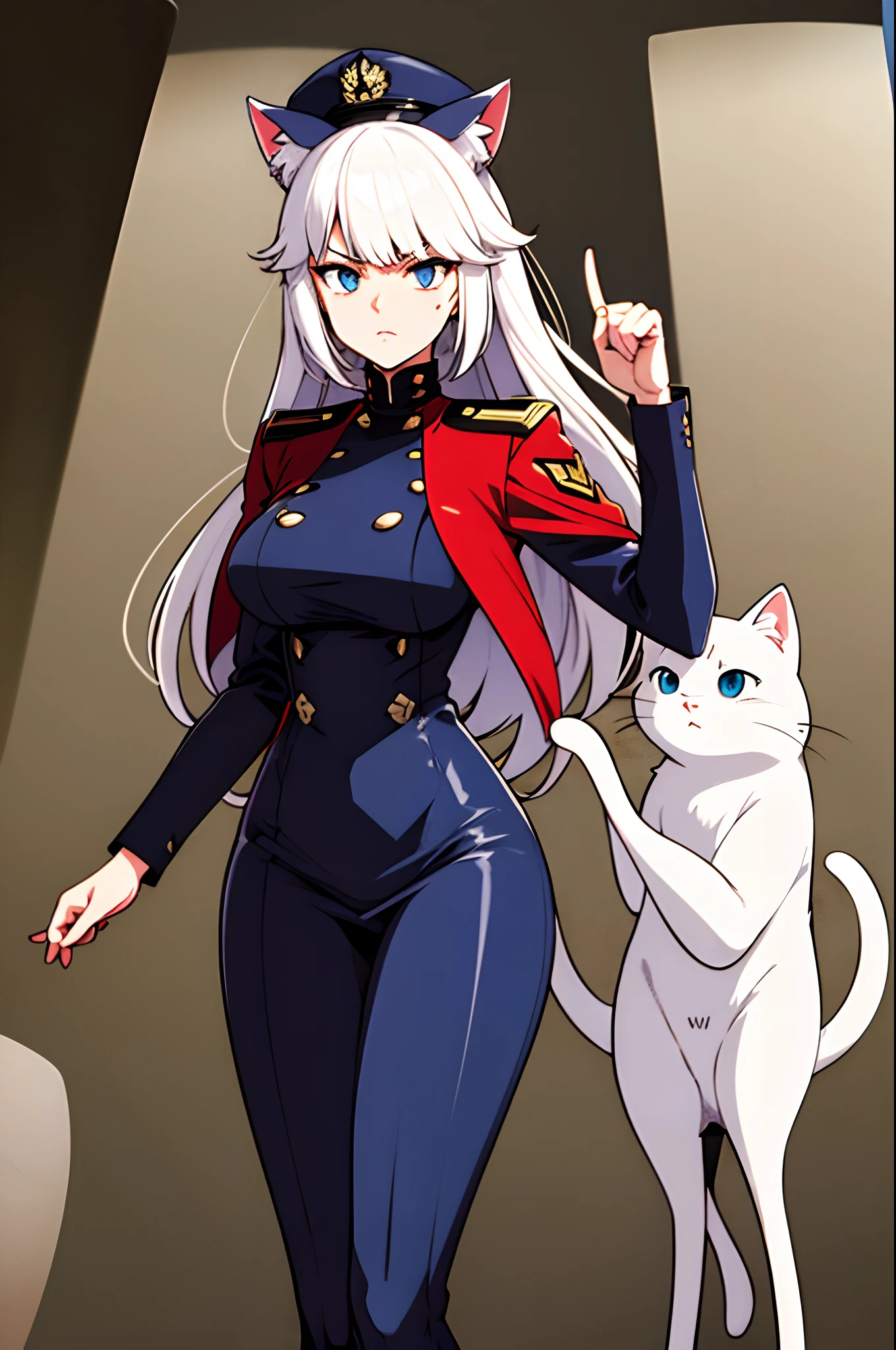 tall athletic adult woman with (white neko ears), and long white hair with colorful holofoil details, she has a mature (human face) with bright blue eyes and a serious thoughtful expression,  BREAK fully clothed with a long coat, a hat (between her white cat ears), and a formal navy dress uniform that covers her strong thighs BREAK standing in a battlefield trench with a dynamic pose, calling out orders to her cyborg knights with a dramatic gesture, absurdes, extremely detailed face and eyes, 4k, dynamic shadows