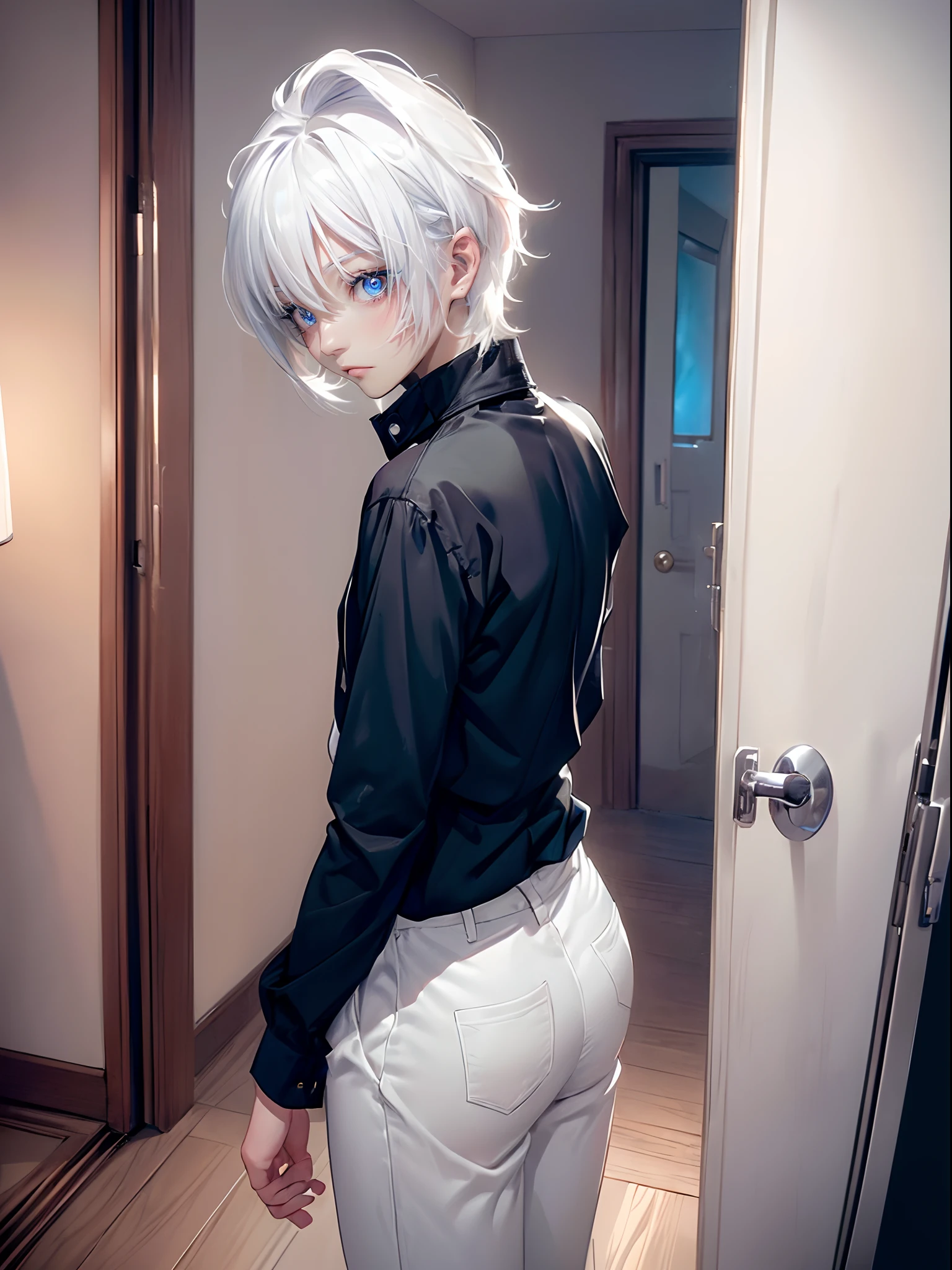 ((4K works))、masterpiece、(top-quality)、One Beautiful Girl、Slim body、tall、((Black Y-shirt and white pants、Charming street style))、Naked、One piece of underwear、(Detailed beautiful eyes)、room at night、((Changing clothes))、((Peeking at him through the gap in the door of the room))、((Pitch black room at night))、((Face similar to Carly Rae Jepsen))、((Short-haired white hair))、((Smaller face))、((Neutral face))、((Bright blue eyes))、((American adult women))、((Adult female 26 years old))、((cool lady))、((Like a celebrity))、((deadpan))、((Korean Makeup))、((elongated and sharp eyes))、((Happy dating))、((boyish))、Professional Photos、((Shot alone))、((He's undressed))、((He is changing clothes in the room))、((shot from front))、((Voyeur of him while changing clothes))