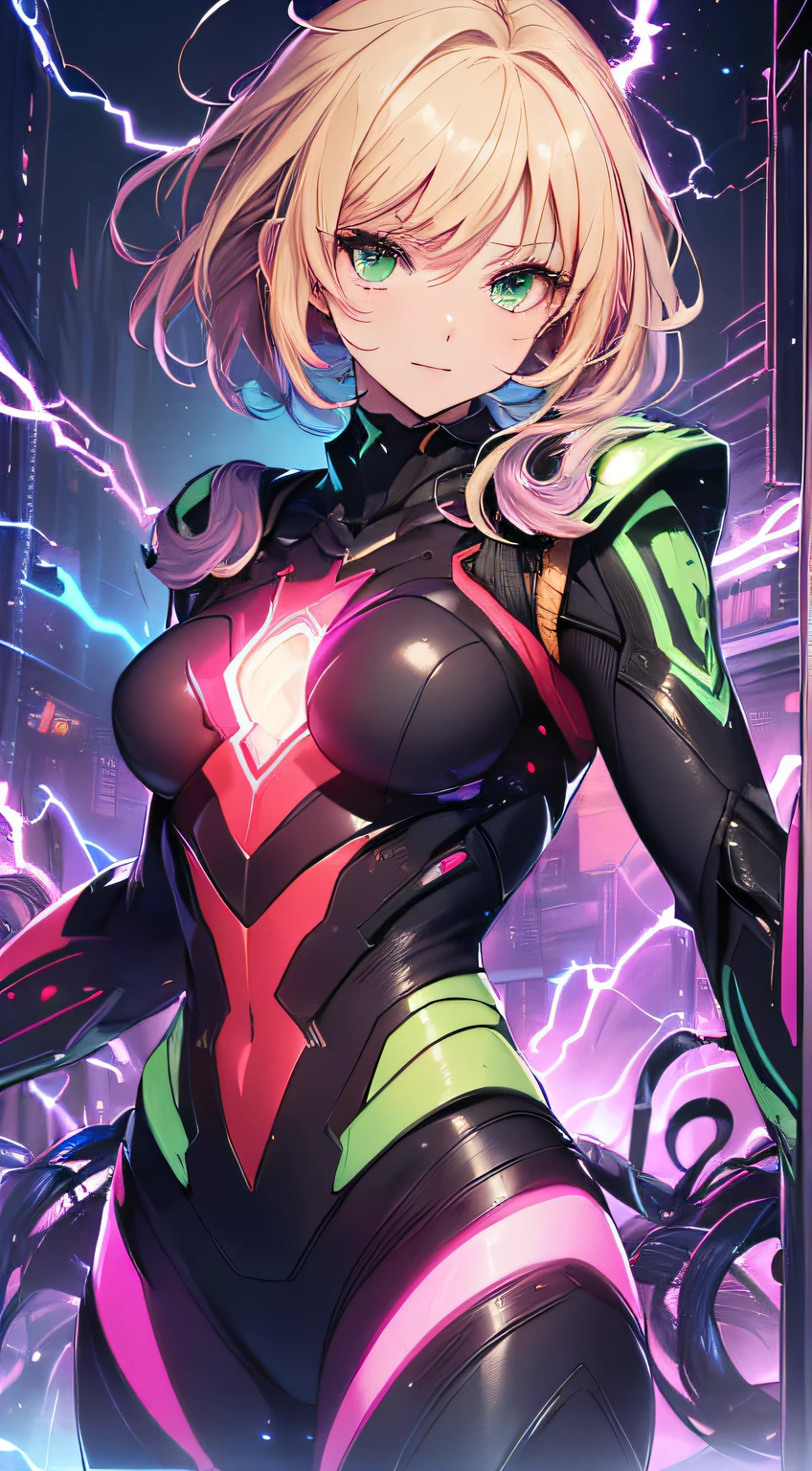 top-quality、Top image quality、​masterpiece、Android Girl((14years、Red, Black and blue glowing cybersuit、Blue energy source for the chest,Best Bust、Bust 90、Blonde Away Tail、Blue-green eyes、open chest wide、Valley、Happiness、A slender、Warlike face、Stand at the front、Countless cable connections throughout the body、Particles of light、Sharp claw arm,Laser Cannon)）hiquality、Beautiful Art、Background with((Blue lighting、Green particles、Red Laser Pointer、Purple swirl,Yellow flash、Pink lightning))、masutepiece、Elaborate design、visualart、Theatrical films