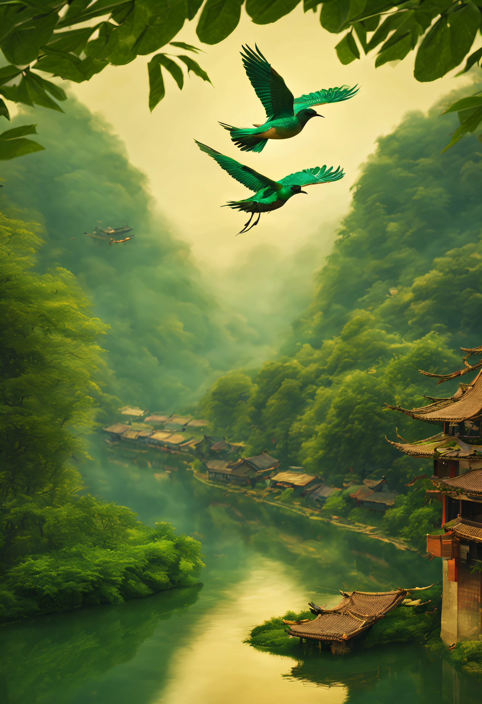 green leaf, evening light, flying birds, zither, fenghuang, Quiet, sprawling, cinematic lighting, stereogram, UHD, textured skin, high details, best quality