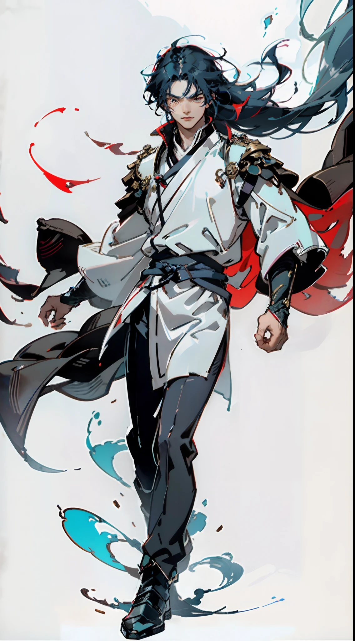 A young man with long slate-blue hair, disheveled and flying hair, sharp gaze, a resolute countenance, he has a mixed West Asian and Eastern European appearance, a fantasy wuxia-style tight-fitting trench coat robe, with a flowing hem, the color scheme is mainly white, with red and white-blue as secondary colors, dark trousers, thick cloth boots, he stands in a majestic posture, while the surrounding space shatters and ruptures with energy, this character embodies a finely crafted fantasy-style Chinese martial hero in anime style, characterized by an exquisite and mature manga illustration art style, full body character drawing, high definition, best quality, highres, ultra-detailed, ultra-fine painting, extremely delicate, professional, anatomically correct, symmetrical face, extremely detailed eyes and face, high quality eyes, creativity, RAW photo, UHD, 8k, Natural light, cinematic lighting, masterpiece:1.5