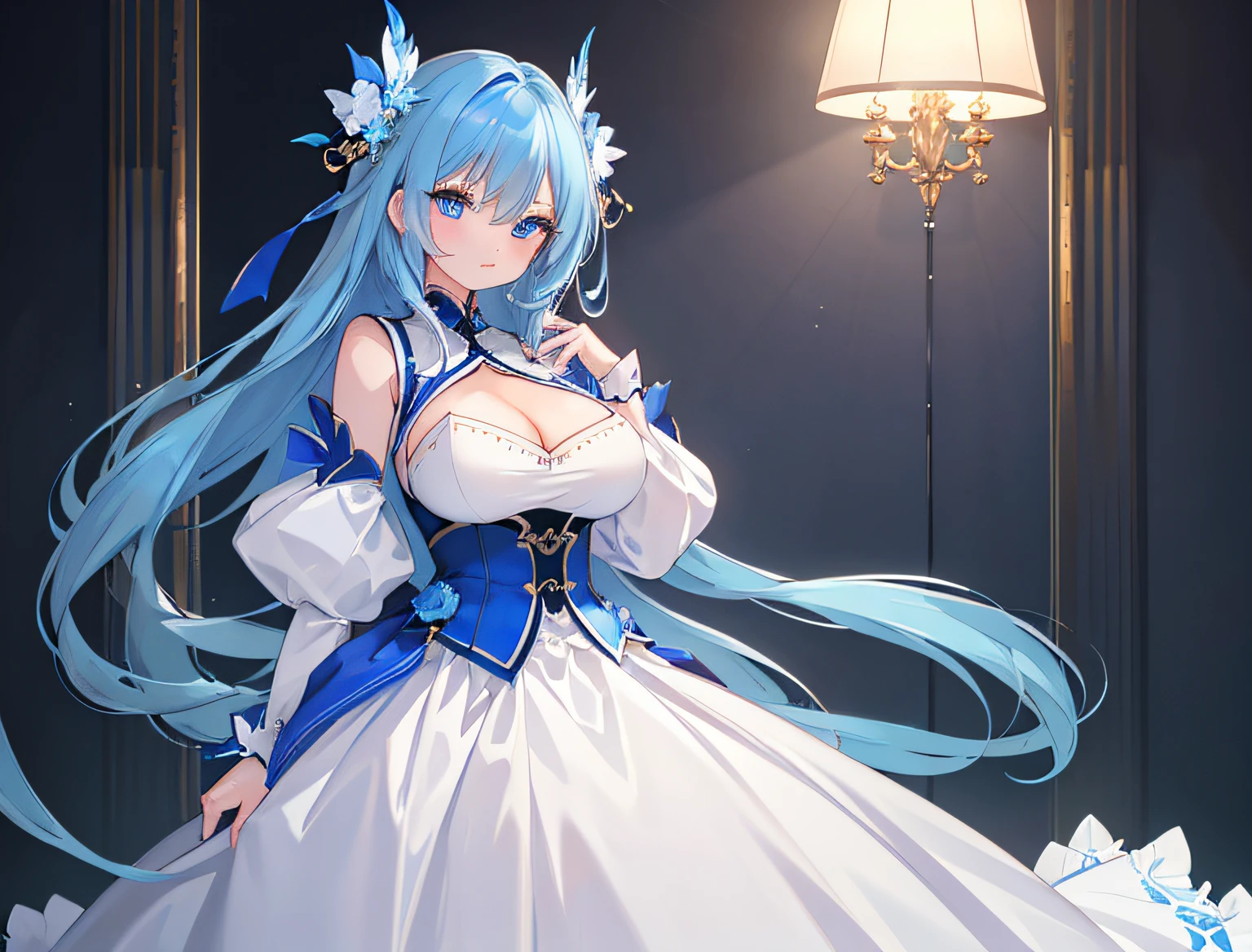 (masterpiece:1.21), (top-quality:1.331), ((ultra-detailliert)), ((Superb illustration)), ((astounding)), (An ultra-high picture quality), Gorgeous and rich graphics, (extremely delicate and beautiful:1.21), 8K, wall-paper, (Very beautiful lighting), hard lights,(beautiful finely detailed eyes)、1girl in、独奏、full bodyesbian、From head to toe、is standing、blue hairs、shorth hair、blue eyess、large full breasts、cleavage of the breast、Full body portrait、sullenness、frontage、masterpiece、top-quality、greybackground、