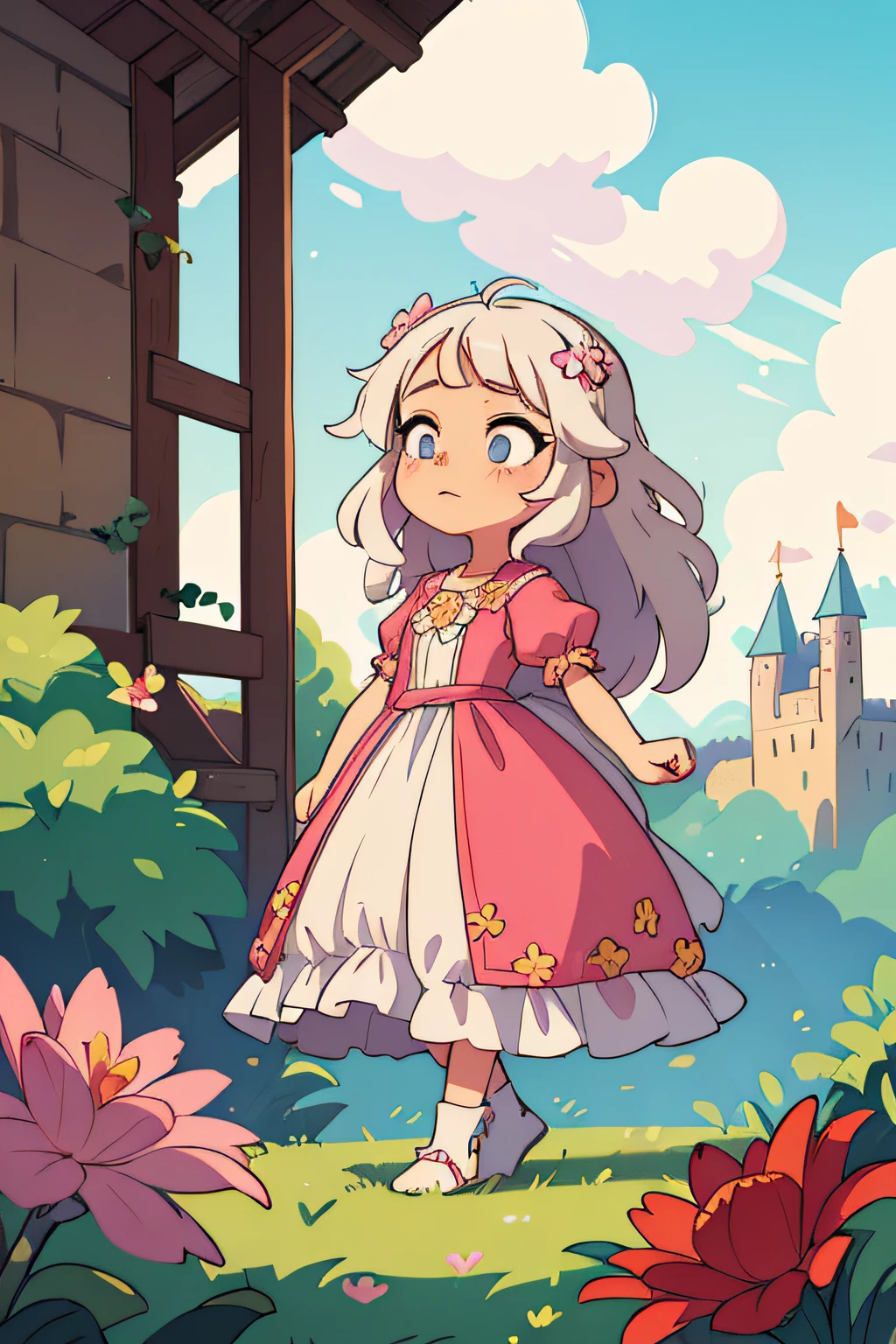 ((best quality, masterpiece)), 
1girl, princess pink dress, flowers, white messy hair,  outdoor, clouds on background,fantasy, medieval, castle on background