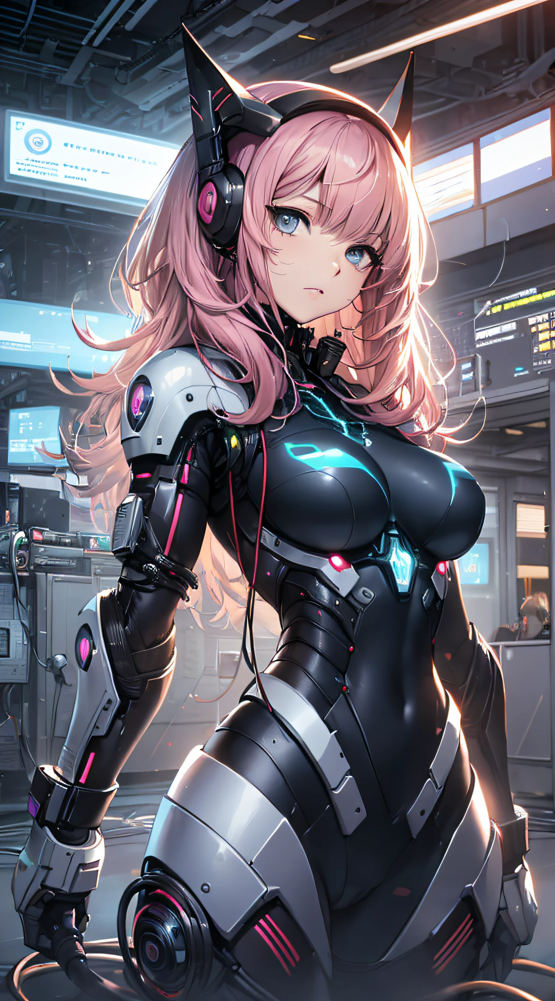 top-quality、Top image quality、masterpiece、girl with((18year old、cyborgs、Systemic mechanics、Metallic body、Best Bust、Medium bust、Long pink hair、Light blue eyes、Rear power cable、deadpan、cables、Breasts wide open、Facing up))hiquality、Beautiful Art、Background with(Computer mass、Fog on the floor,Human-sized capsule,Cyber House、Yellow lighting)),masutepiece、Elaborate design、visualart、depth of fields、The best lighting、highestdetailed、low angles