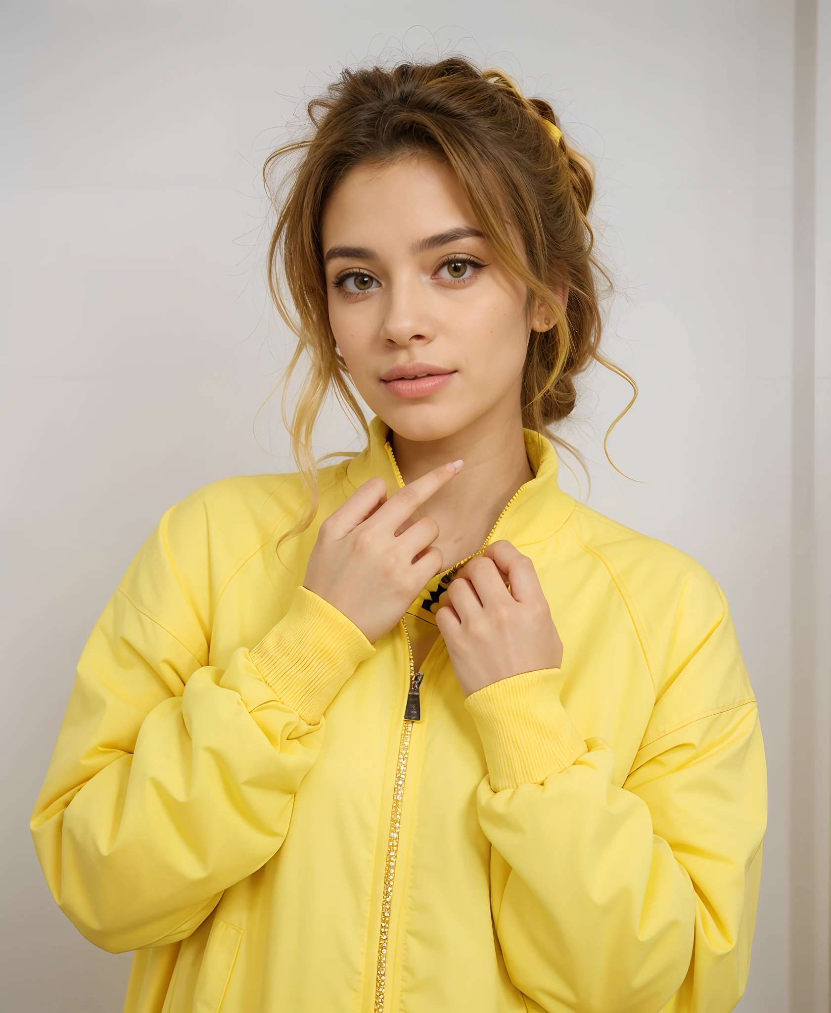 Beautiful woman with messy hair in a yellow jacket posing for a photo, Sidnei Sweeney, Roupas amarelas, usando um capuz amarelo, com panos amarelos, (((amarelo)))